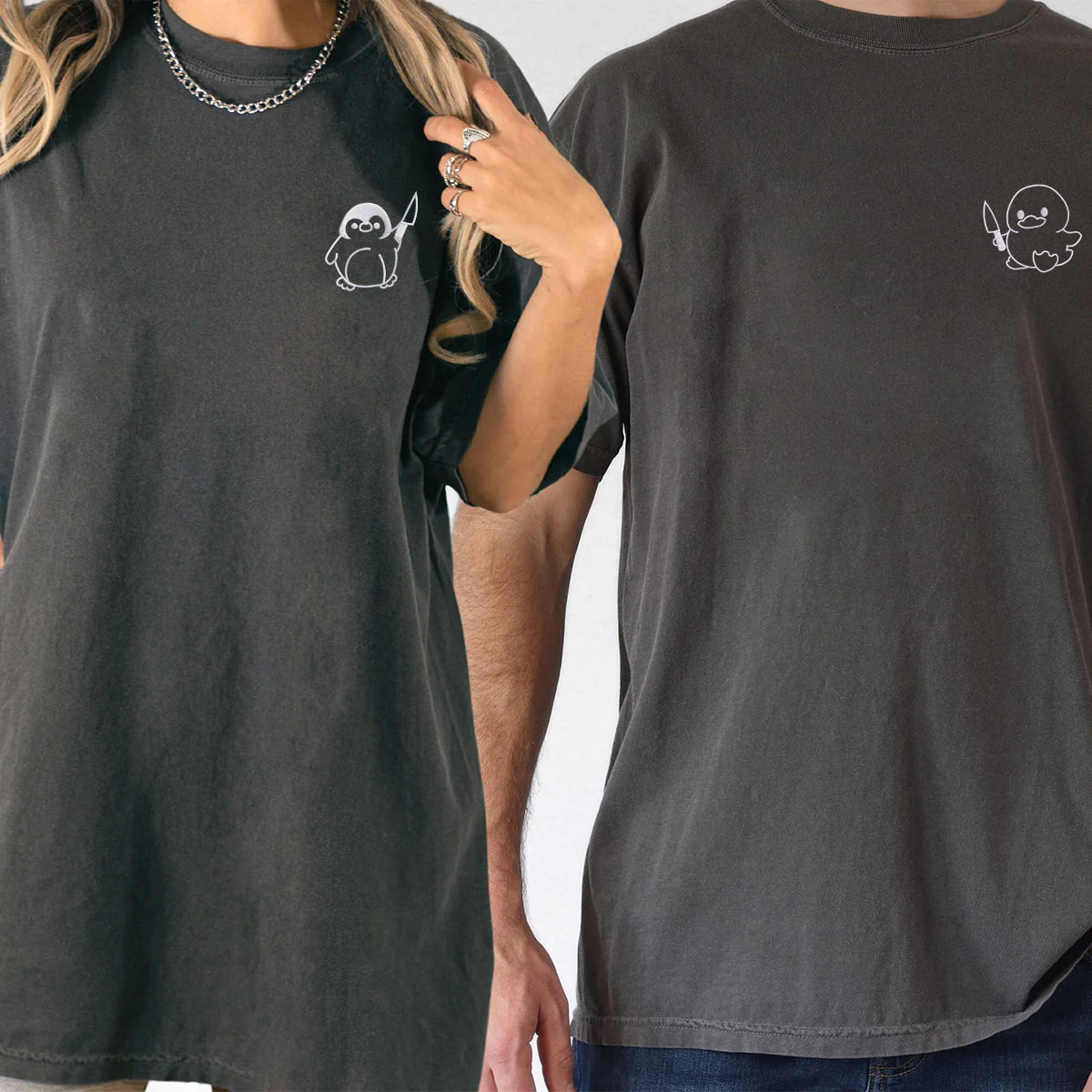 Custom Embroidered Duck and Penguin with Knife Matching T-shirts for Couples - Image 7