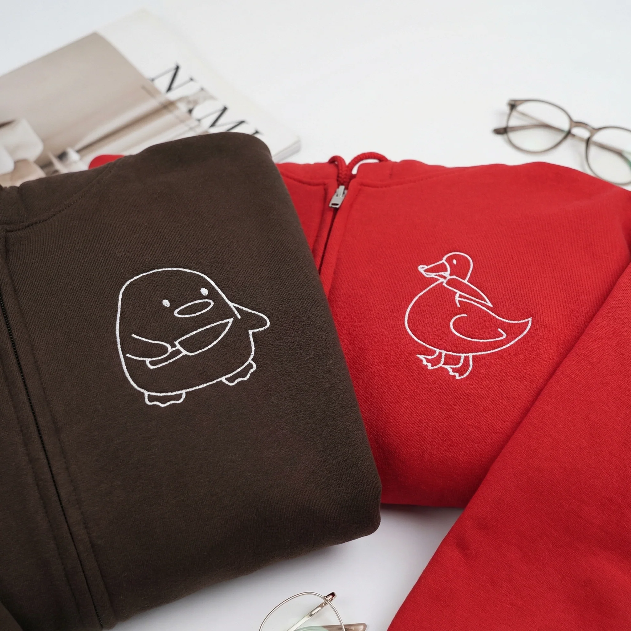 Custom Embroidered Duck Duck Goose Matching Quarter Zip Sweatshirts & Full-Zip Hoodie for Couples - Image 2