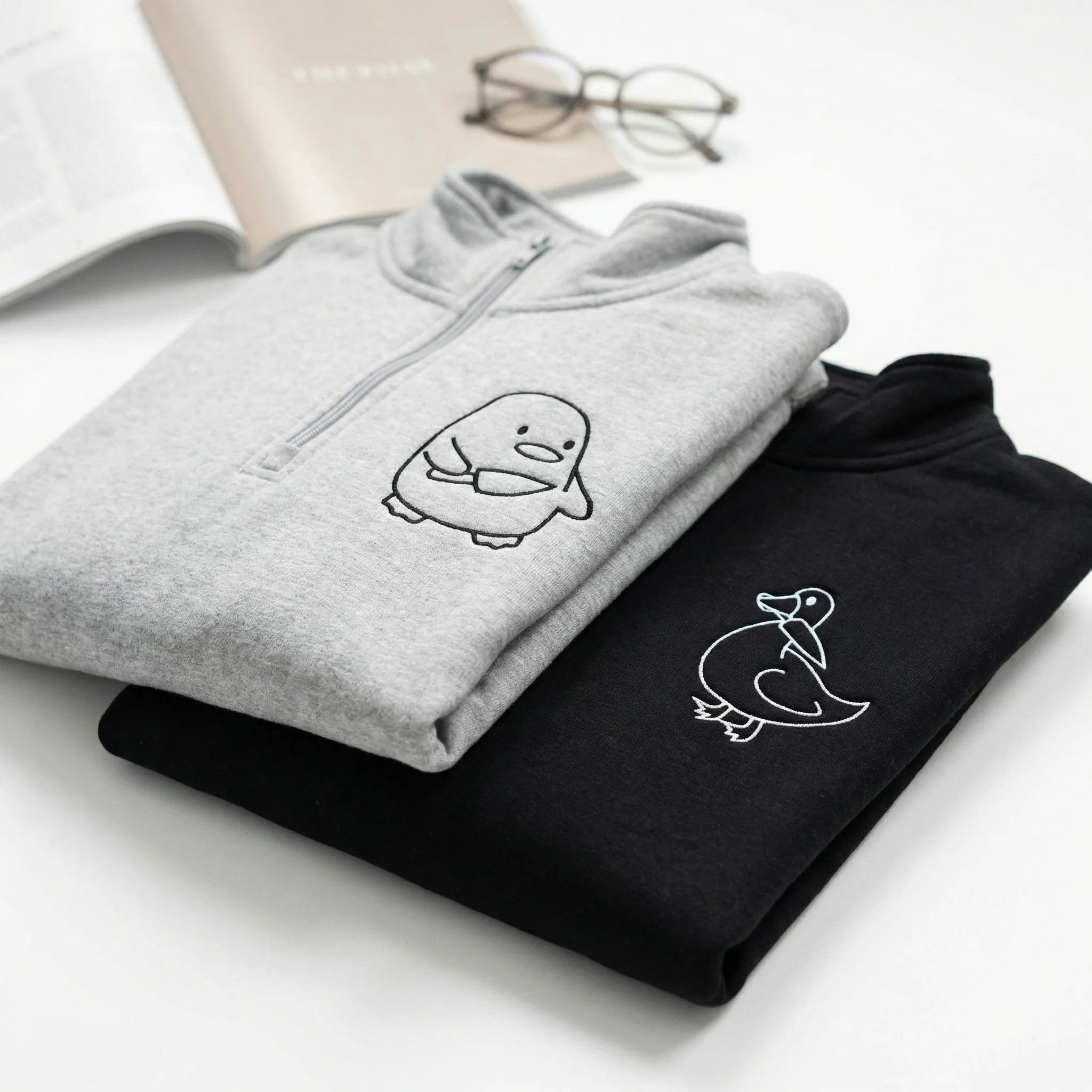 Custom Embroidered Duck Duck Goose Matching Quarter Zip Sweatshirts & Full-Zip Hoodie for Couples - Image 3
