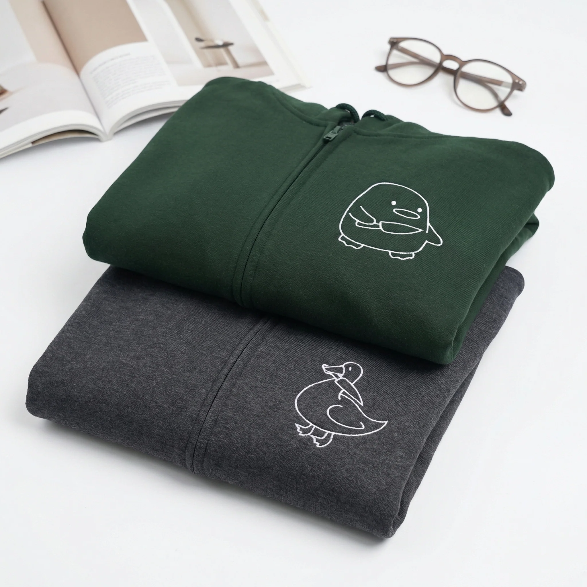 Custom Embroidered Duck Duck Goose Matching Quarter Zip Sweatshirts & Full-Zip Hoodie for Couples - Image 4