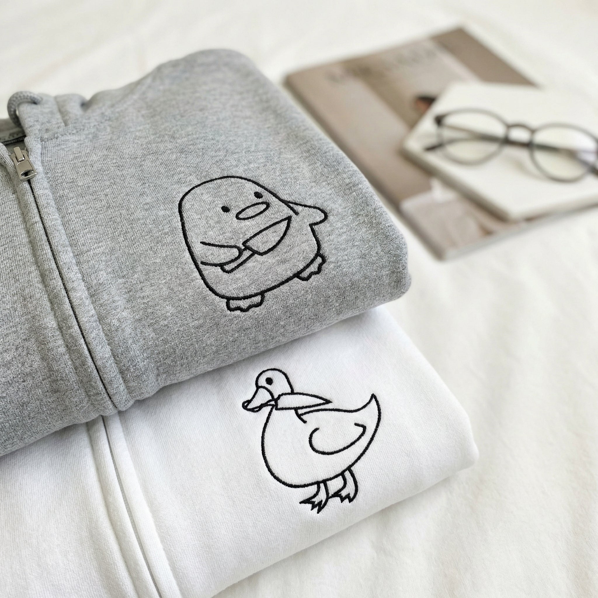 Custom Embroidered Duck Duck Goose Matching Quarter Zip Sweatshirts & Full-Zip Hoodie for Couples - Image 5