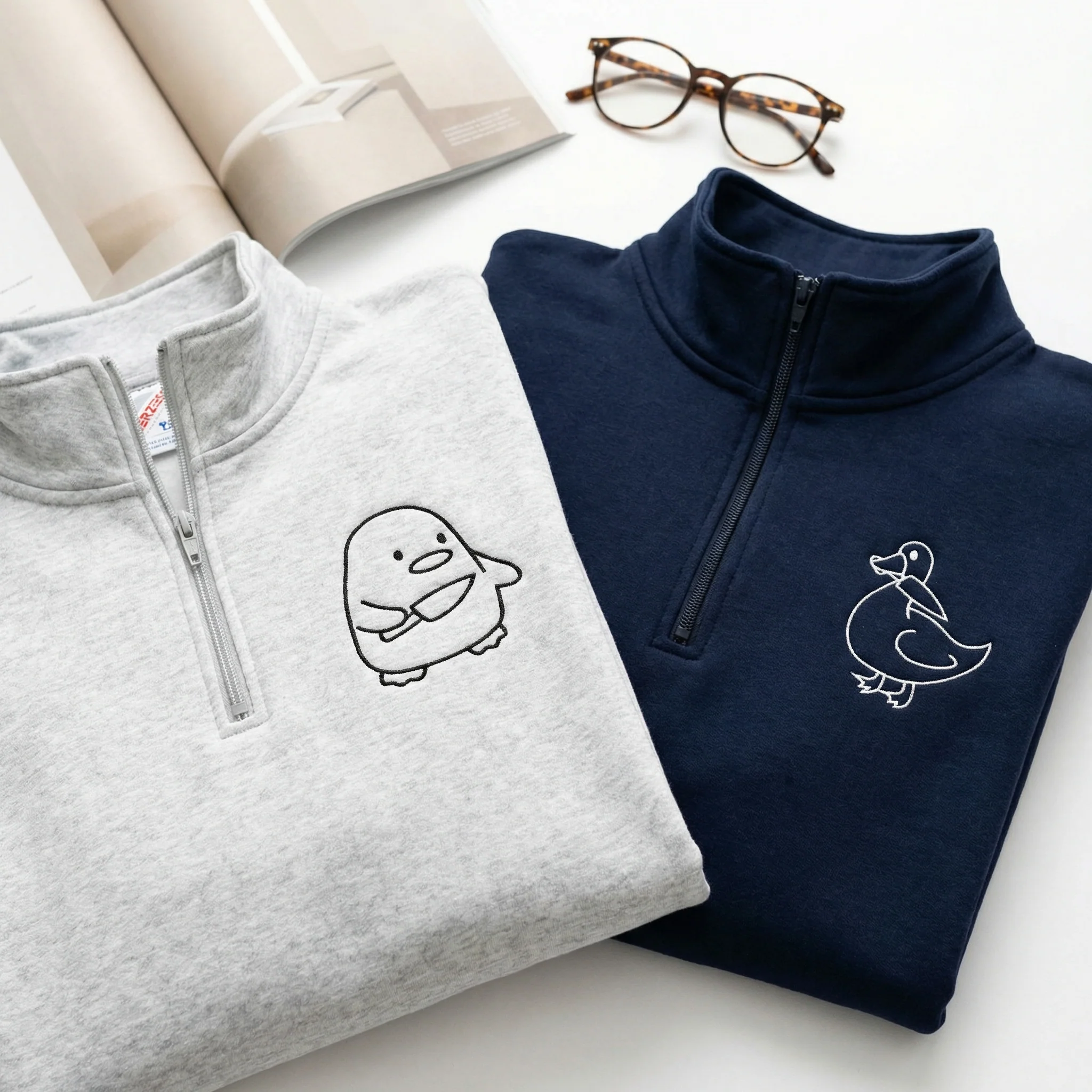 Custom Embroidered Duck Duck Goose Matching Quarter Zip Sweatshirts & Full-Zip Hoodie for Couples - Image 6