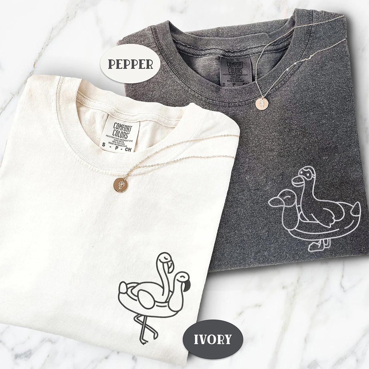 Custom Embroidered Duck & Flamingo Floaties Matching T-shirts for Couples - Image 2