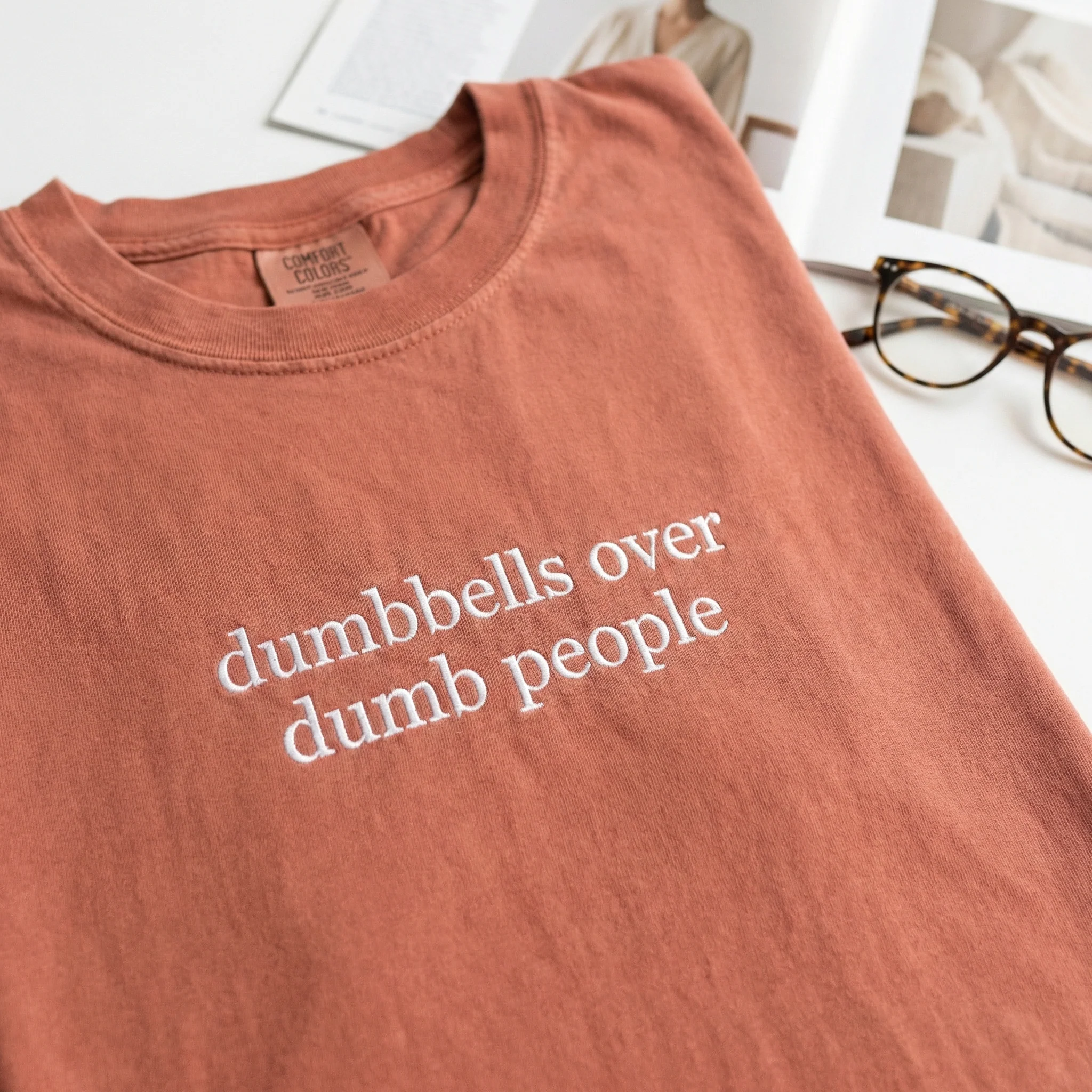 Custom Embroidered Dumbbells Over Dumb People T-Shirt - Funny Gym Shirt - Image 5