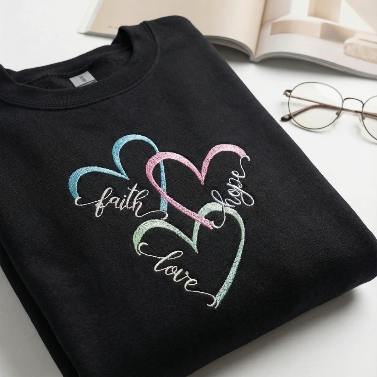Custom Embroidered Faith Hope Love Hoodie - Boho Christian Sweatshirt - Image 2
