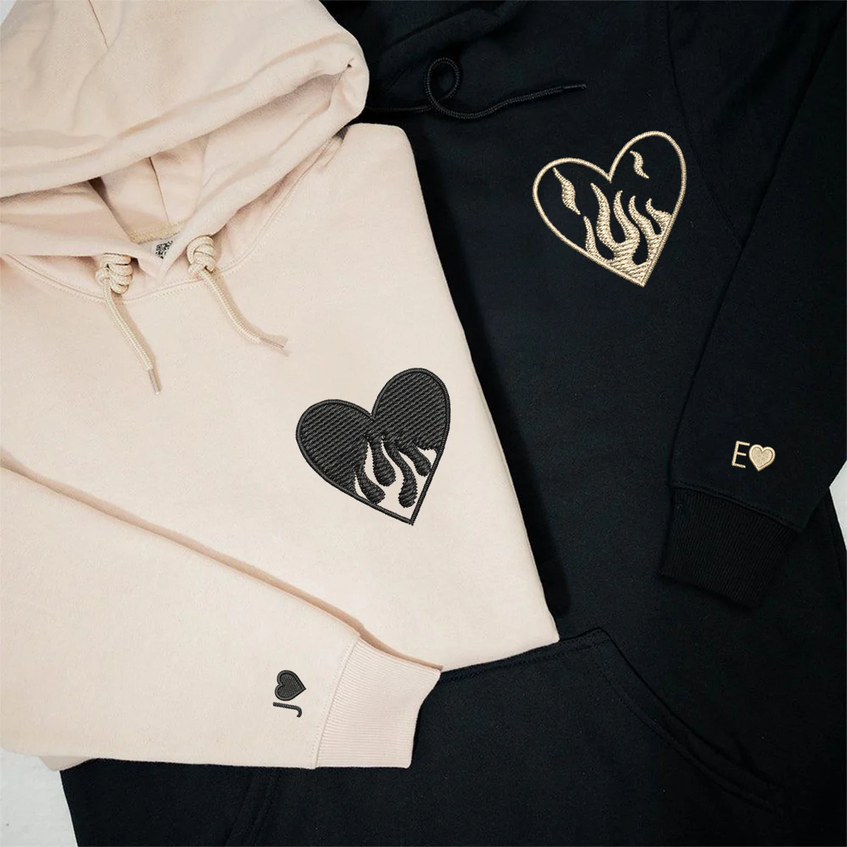 Custom Embroidered Fire Heart Matching Hoodies for Couples - Image 2