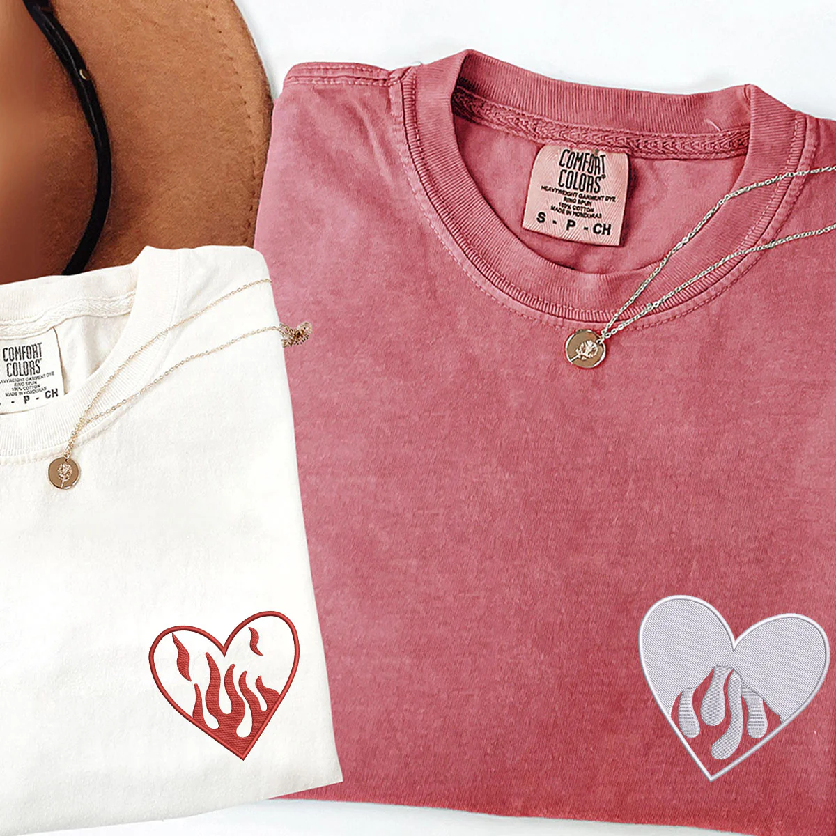 Custom Embroidered Fire Heart Matching T-shirts for Couples - Image 2