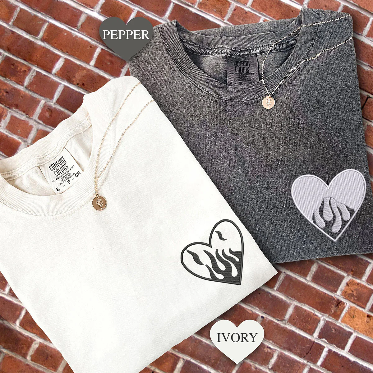 Custom Embroidered Fire Heart Matching T-shirts for Couples - Image 3