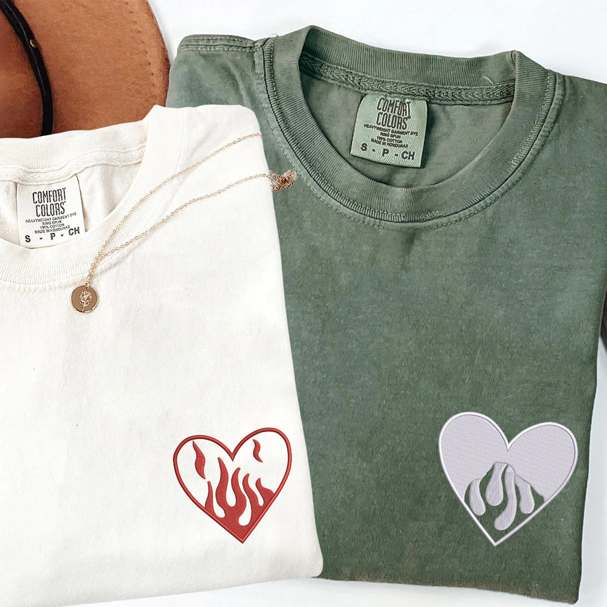 Custom Embroidered Fire Heart Matching T-shirts for Couples - Image 4
