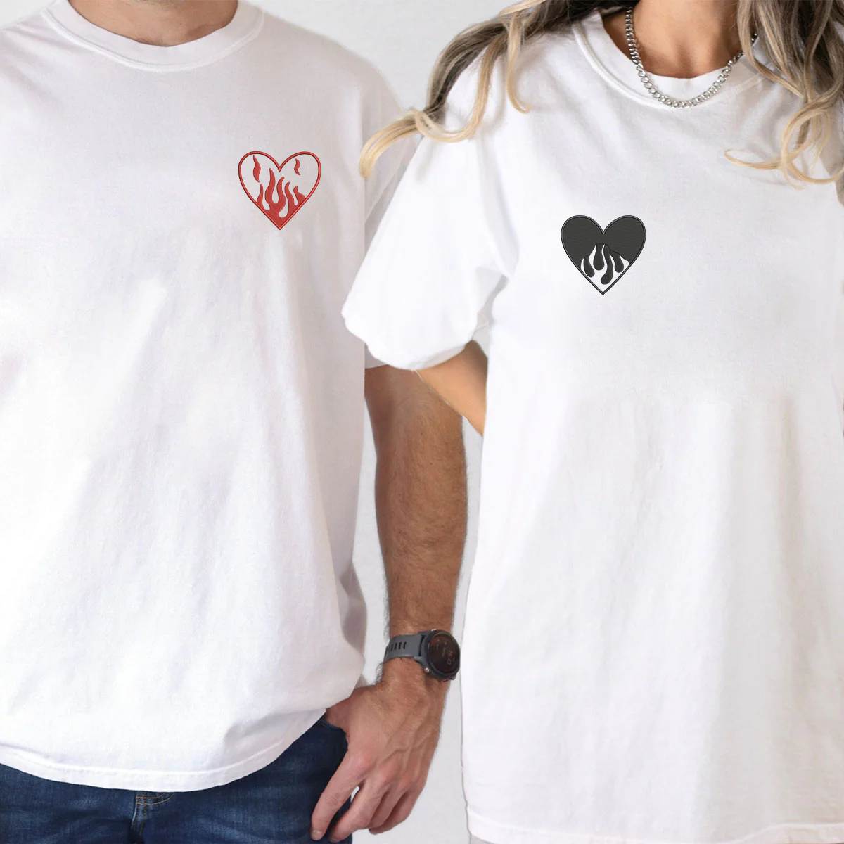 Custom Embroidered Fire Heart Matching T-shirts for Couples - Image 6