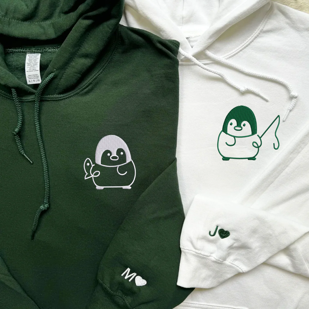 Custom Embroidered Fishing Penguin Matching Hoodies for Couples - Image 2