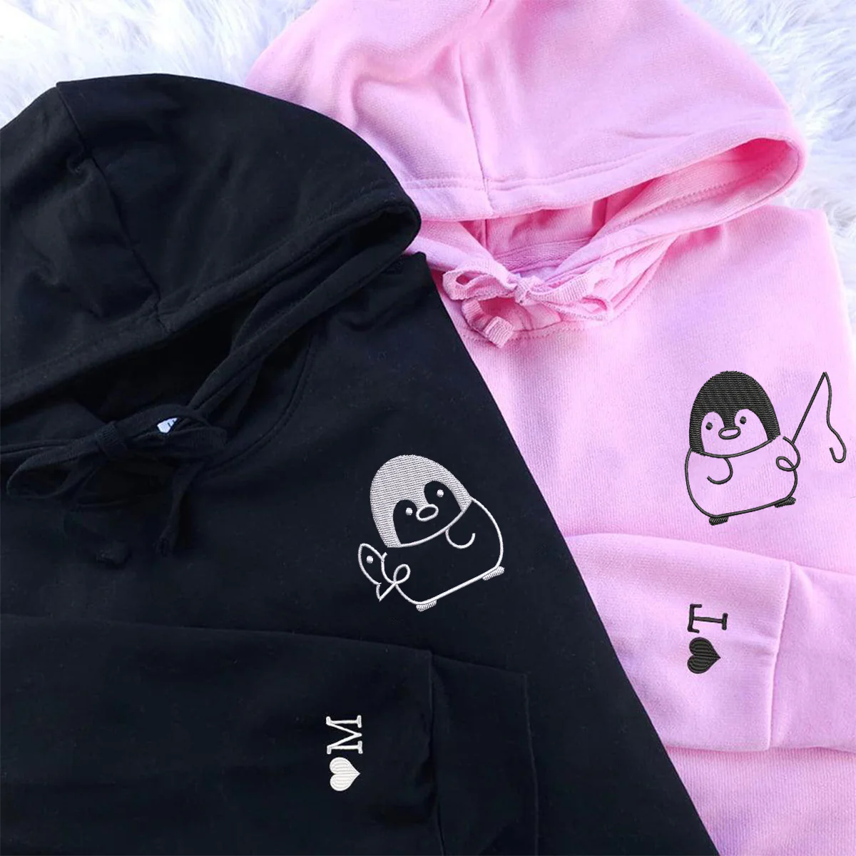 Custom Embroidered Fishing Penguin Matching Hoodies for Couples - Image 4