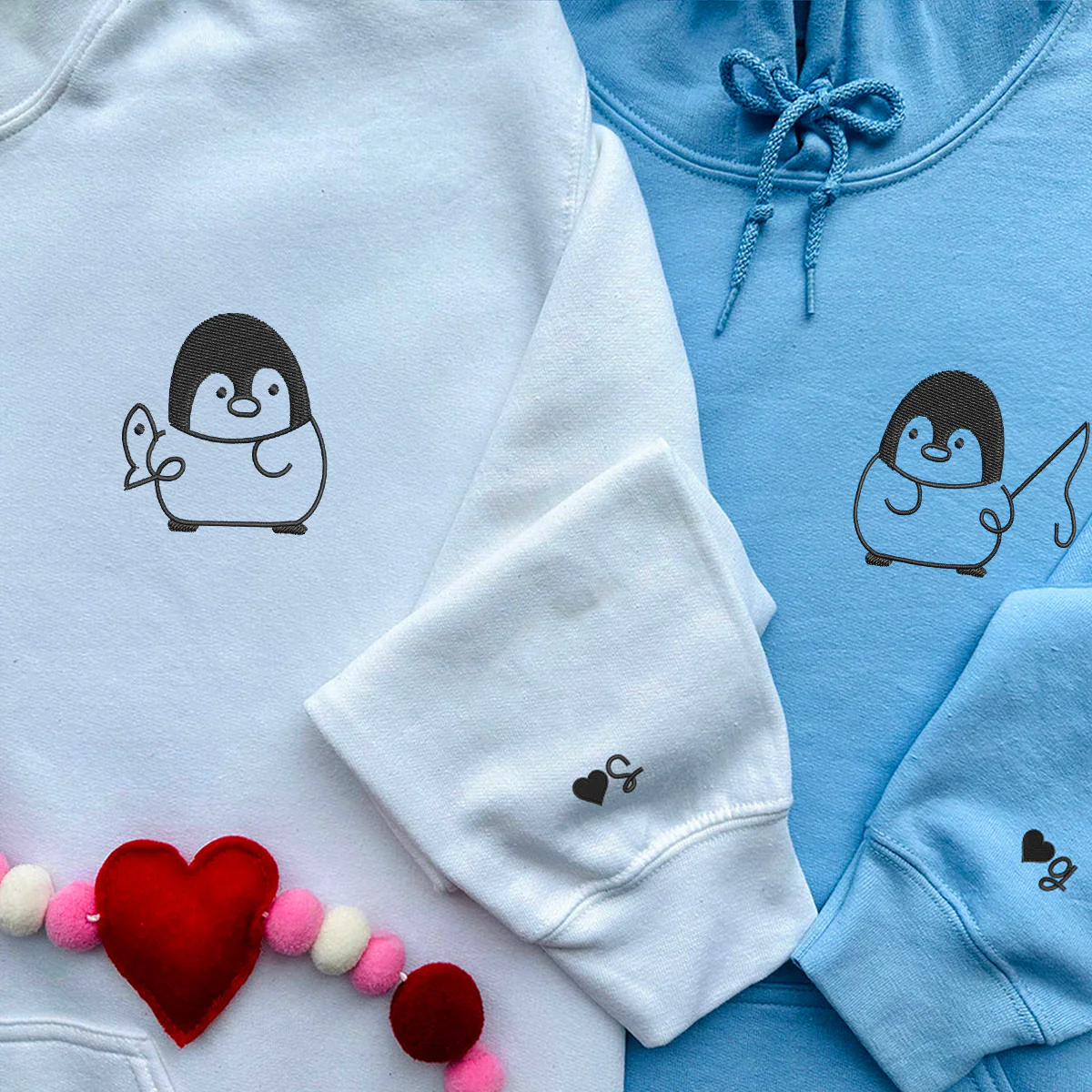 Custom Embroidered Fishing Penguin Matching Hoodies for Couples - Image 6
