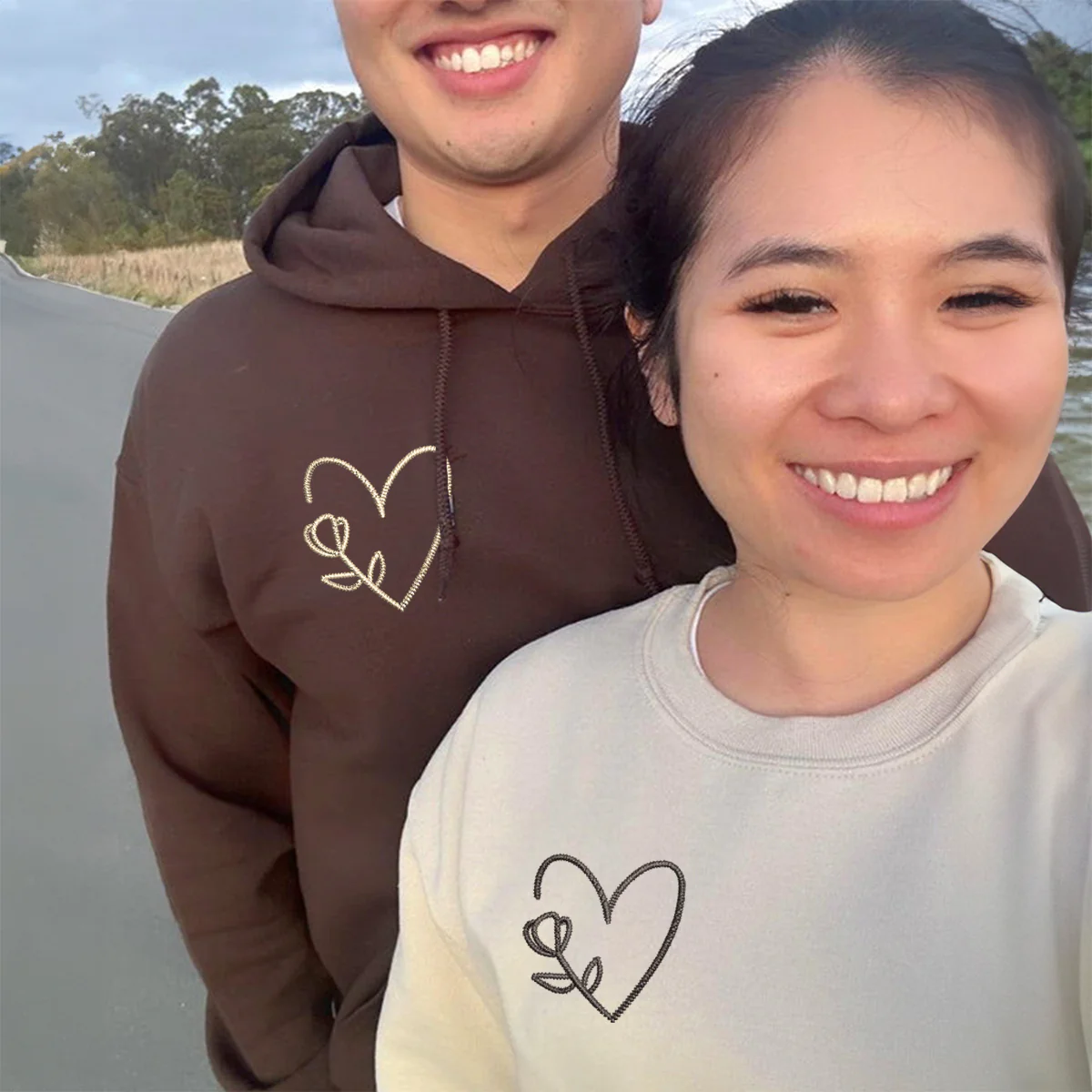 Custom Embroidered Flower Heart Matching Hoodies for Couples - Image 5