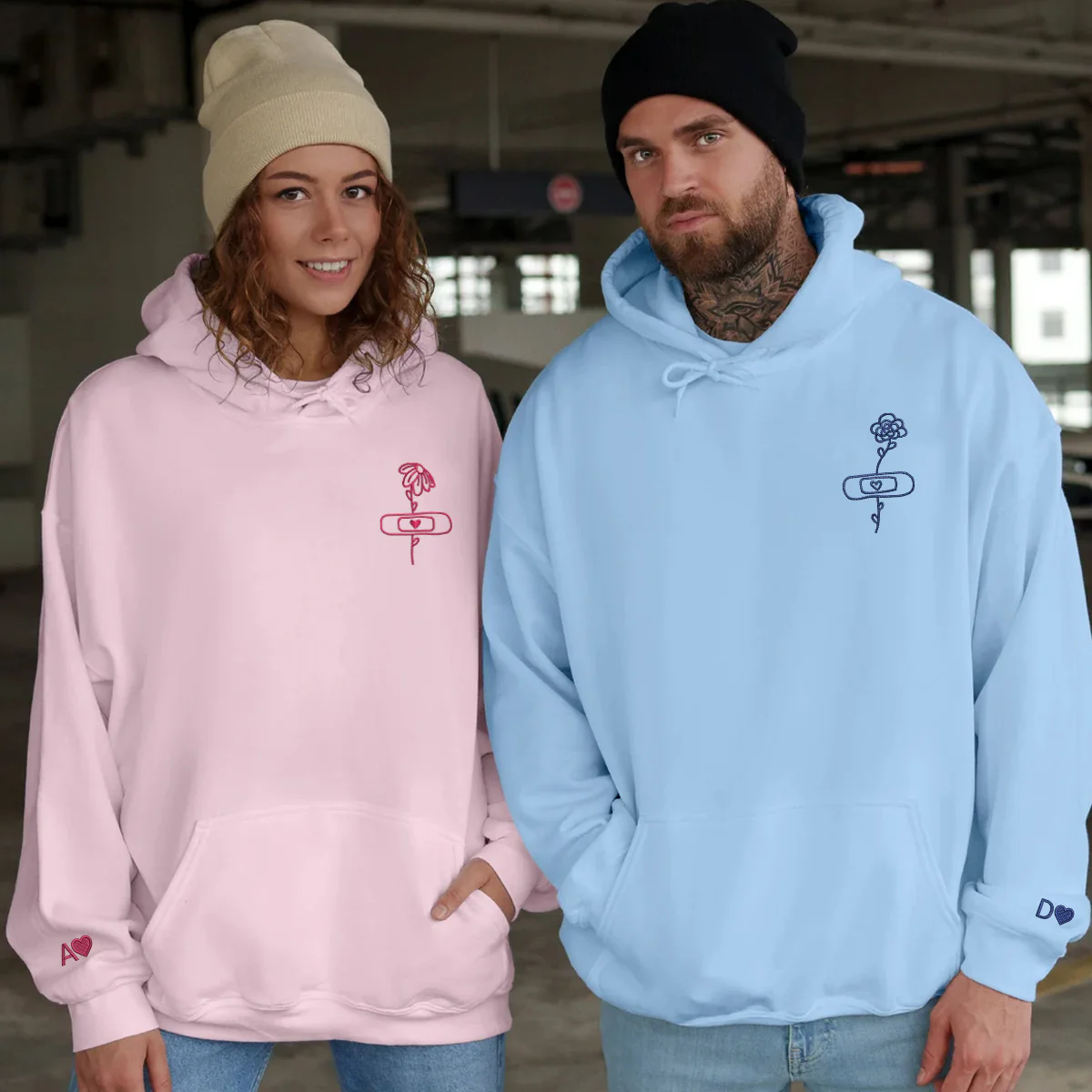 Custom Embroidered Flower with Bandaid Matching Hoodies for Couples - Image 7