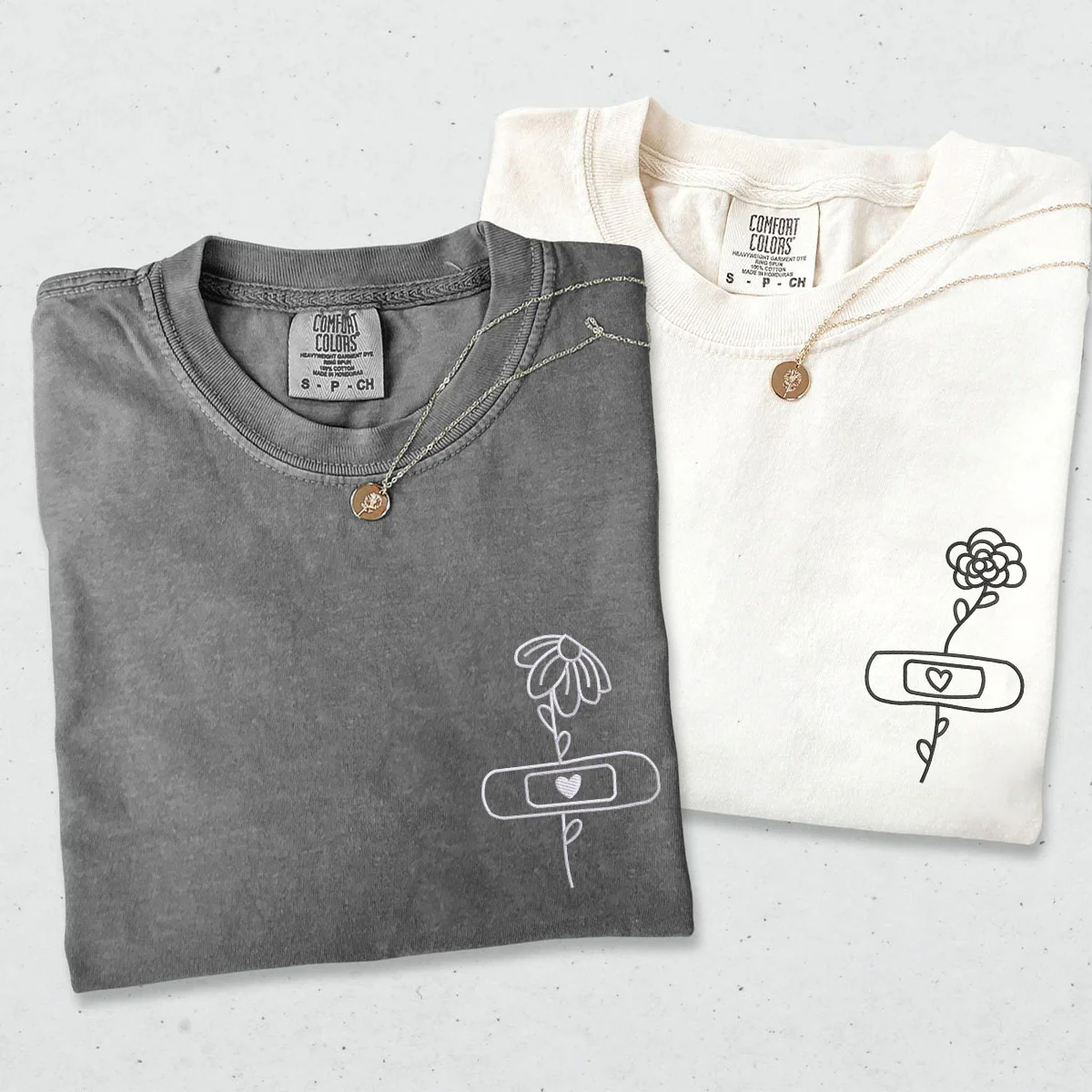 Custom Embroidered Flower with Bandaid Matching T-shirts for Couples - Image 3