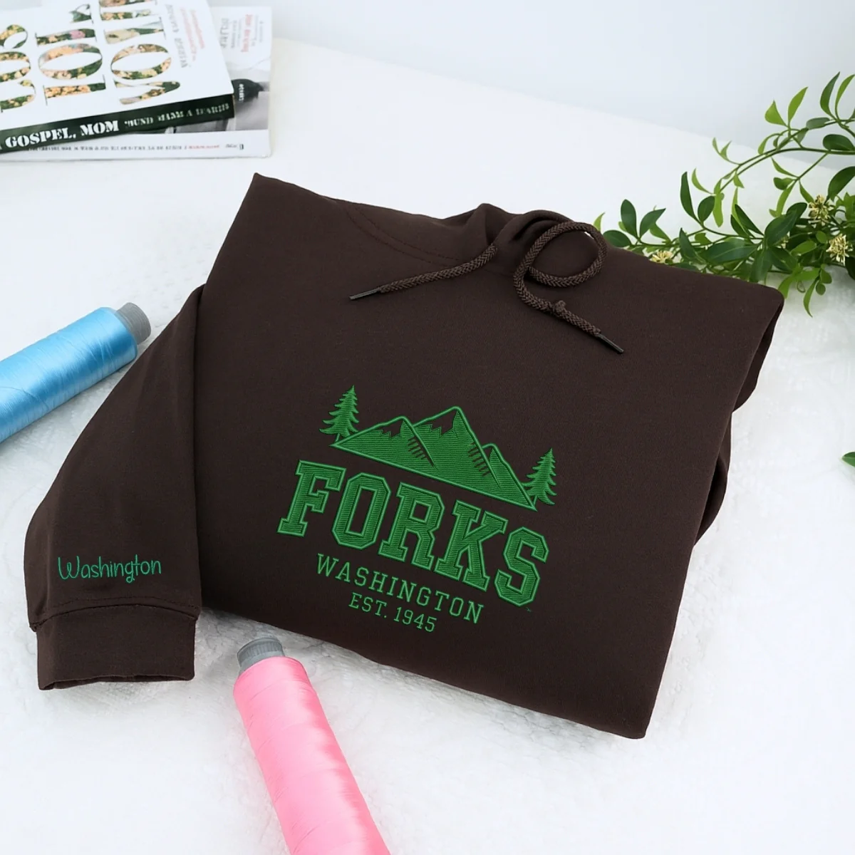 Custom Embroidered Forks, Washington Sweatshirt | Twilight-Inspired Pacific Northwest Hoodie - Image 5