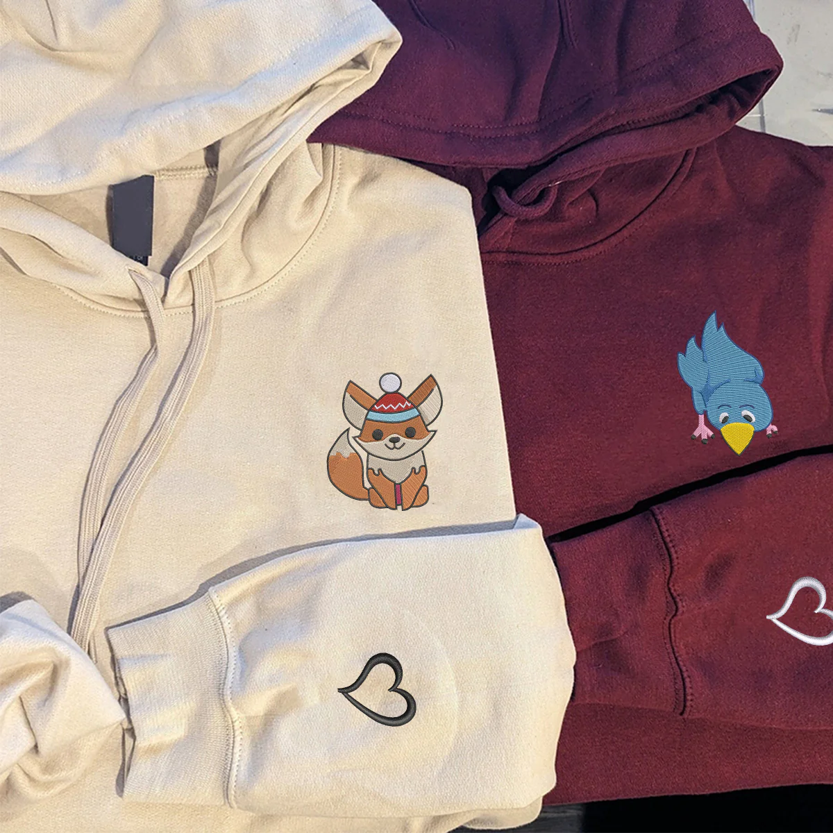 Custom Embroidered Fox and Bird Matching Hoodies for Couples - Image 3