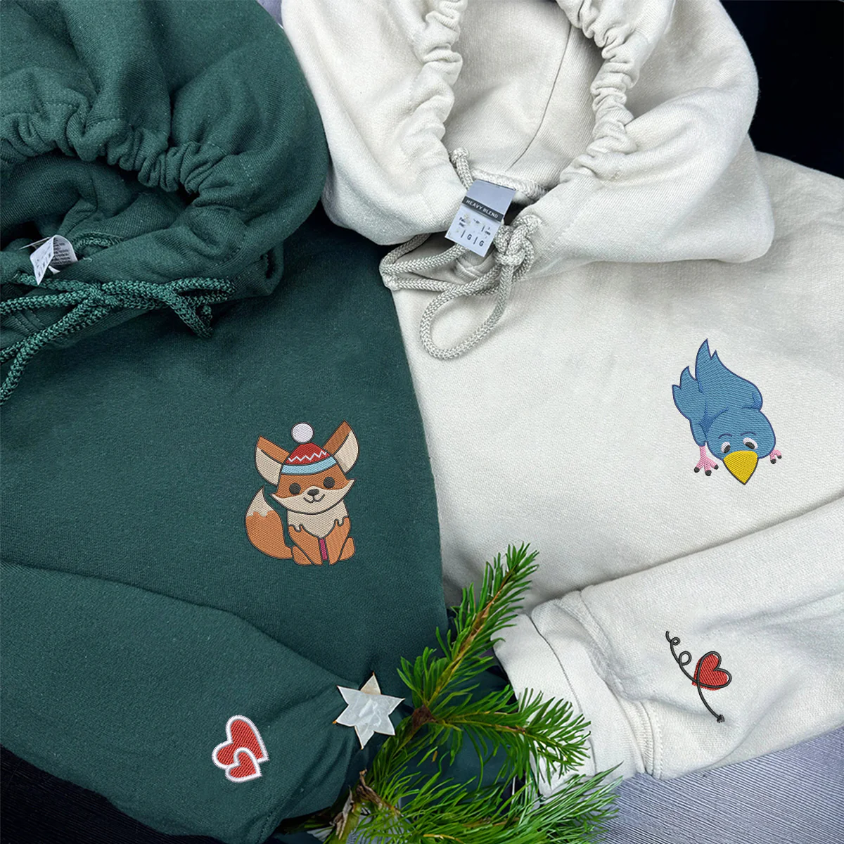 Custom Embroidered Fox and Bird Matching Hoodies for Couples - Image 4