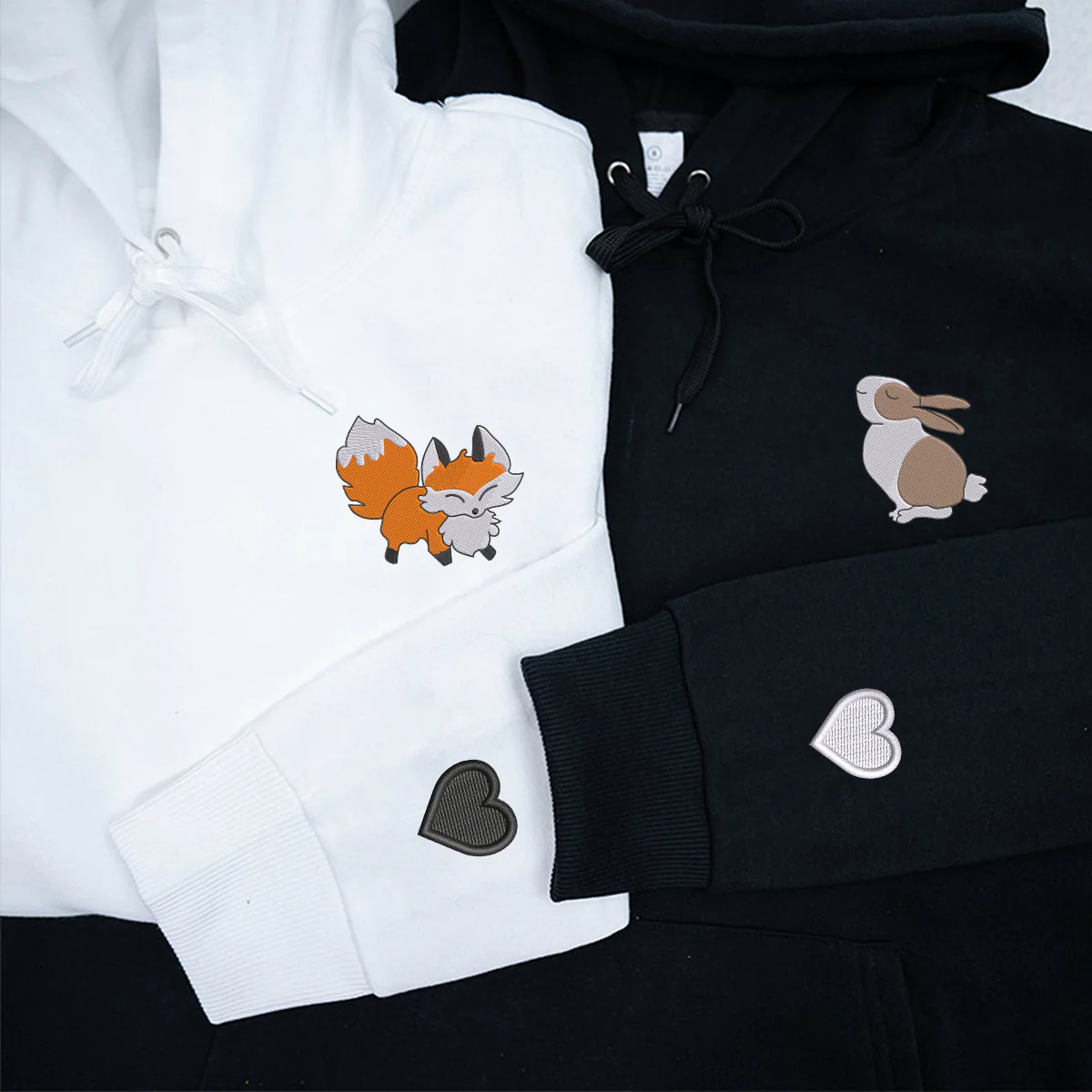 Custom Embroidered Fox and Rabbit Matching Hoodies for Couples