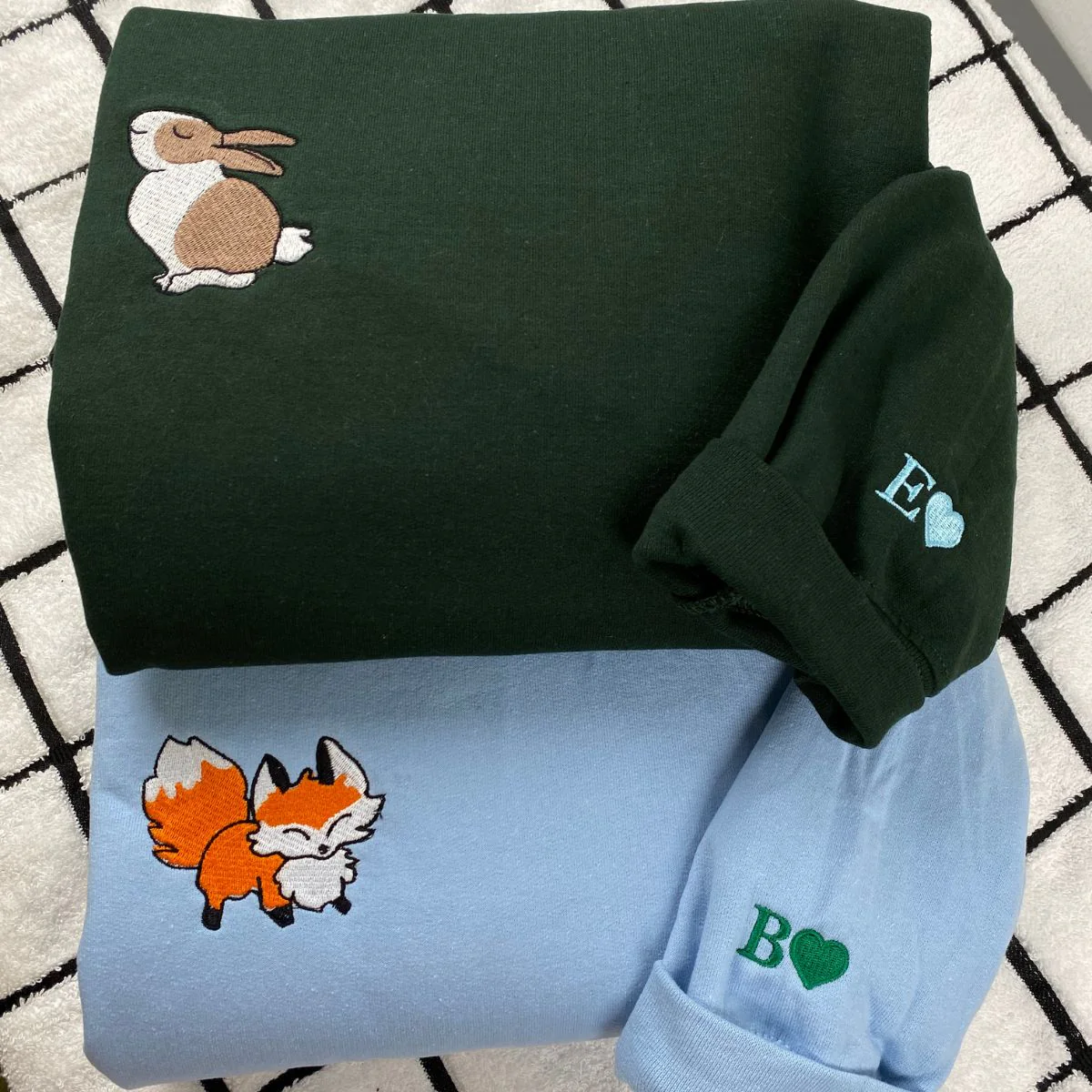 Custom Embroidered Fox and Rabbit Matching Hoodies for Couples - Image 2