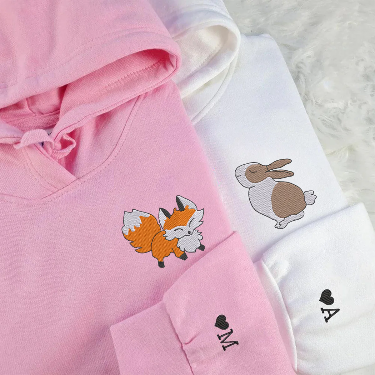 Custom Embroidered Fox and Rabbit Matching Hoodies for Couples - Image 3