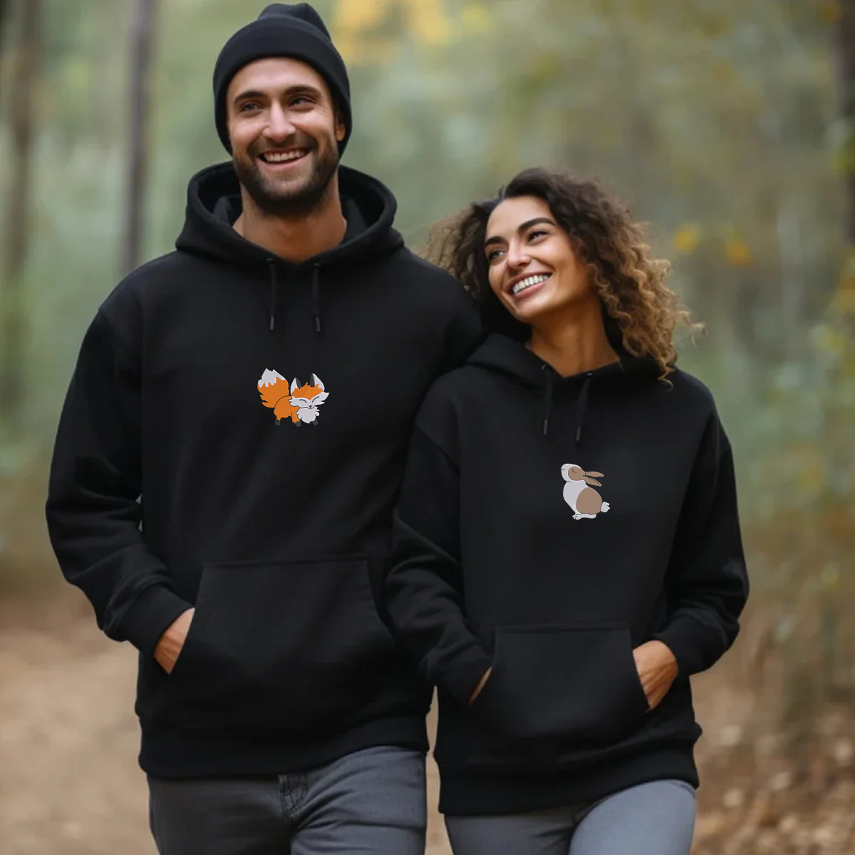 Custom Embroidered Fox and Rabbit Matching Hoodies for Couples - Image 7