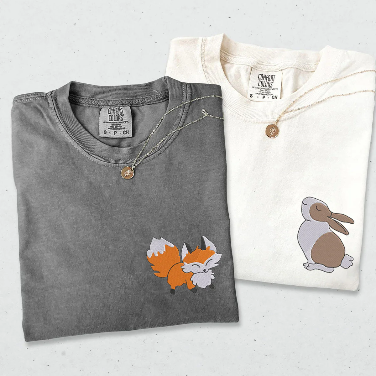 Custom Embroidered Fox and Rabbit Matching T-shirts for Couples - Image 2