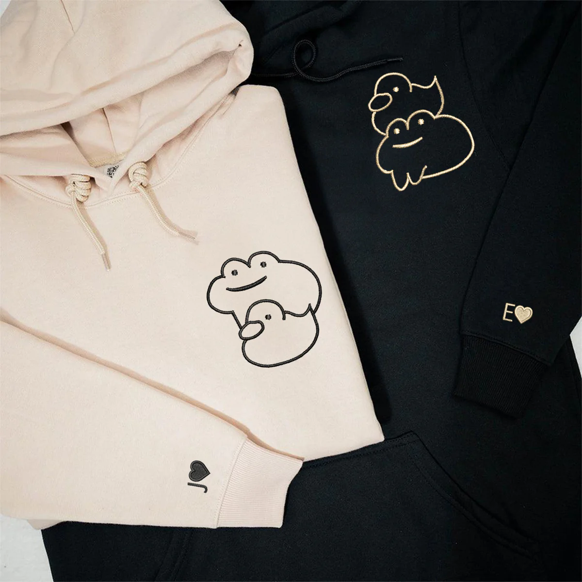 Custom Embroidered Froggy and Ducky Matching Hoodies for Couples