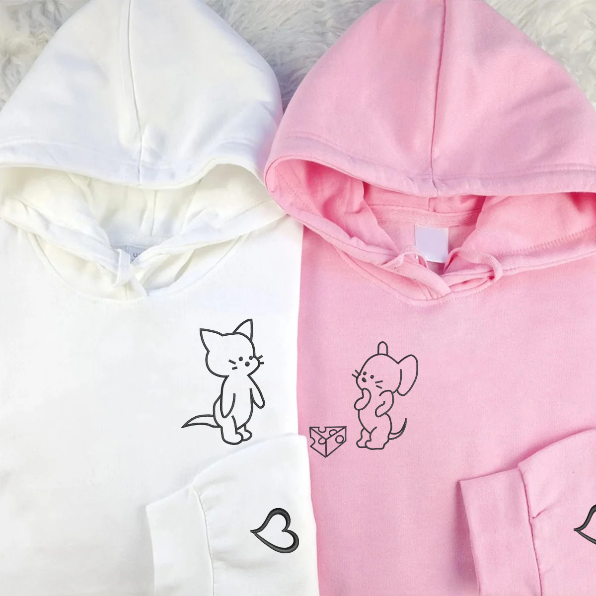 Custom Embroidered Funny Cat and Mouse Matching Hoodies for Couples - Image 2