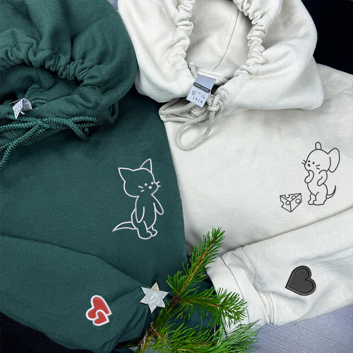 Custom Embroidered Funny Cat and Mouse Matching Hoodies for Couples - Image 3