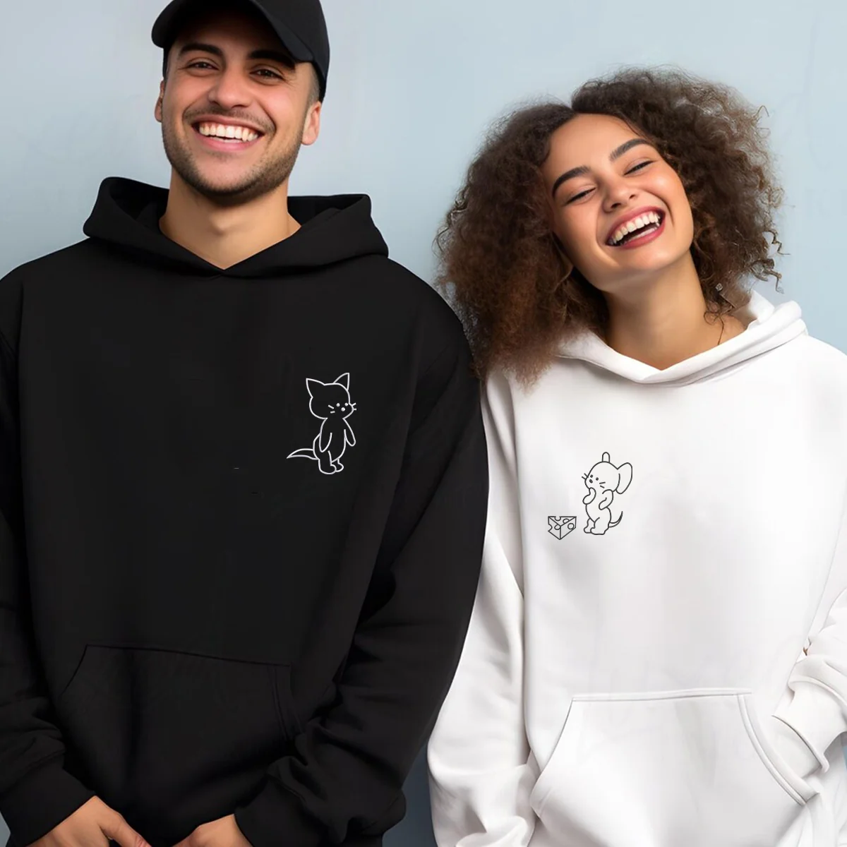 Custom Embroidered Funny Cat and Mouse Matching Hoodies for Couples - Image 7