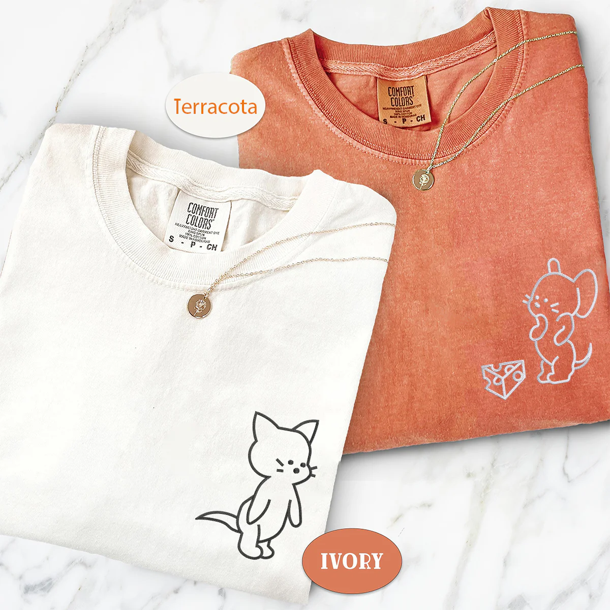 Custom Embroidered Funny Cat and Mouse Matching T-shirts for Couples