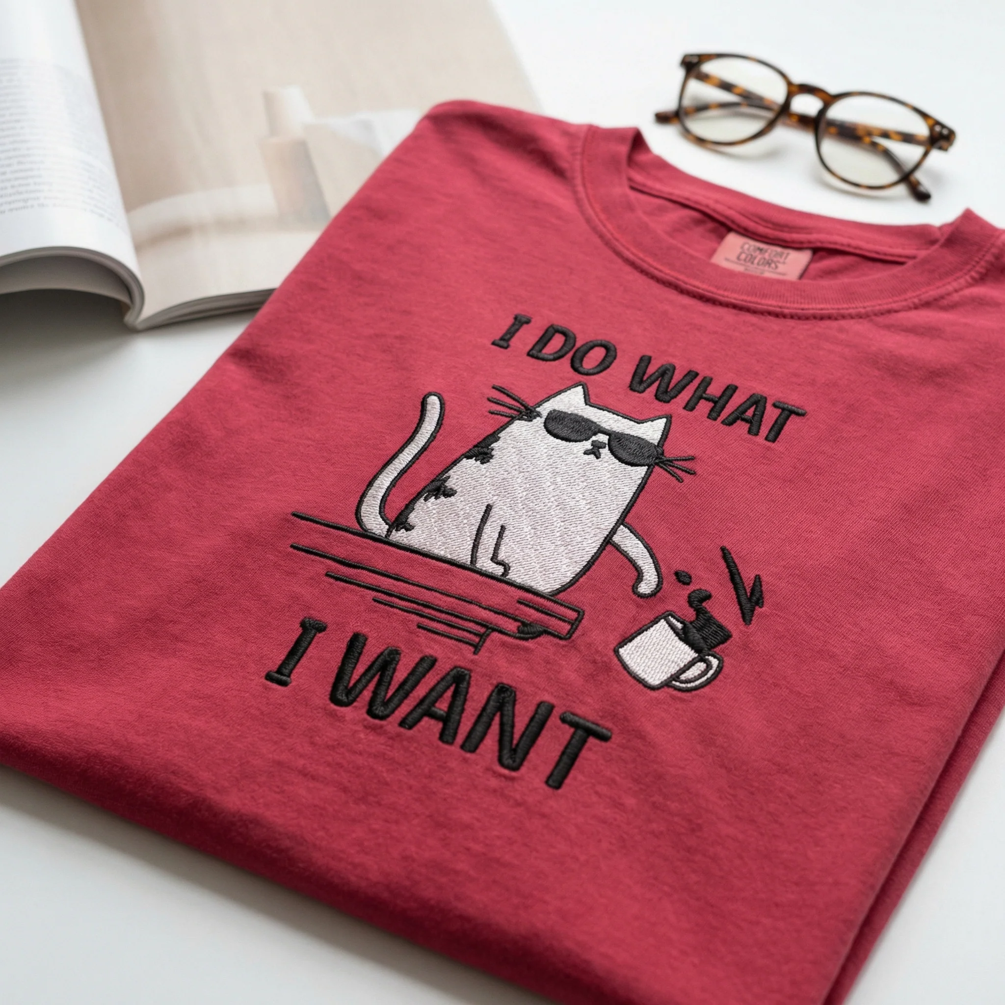 Custom Embroidered Funny Cat T-Shirt - Cool Kitty with Sunglasses & Coffee Mug - Image 2