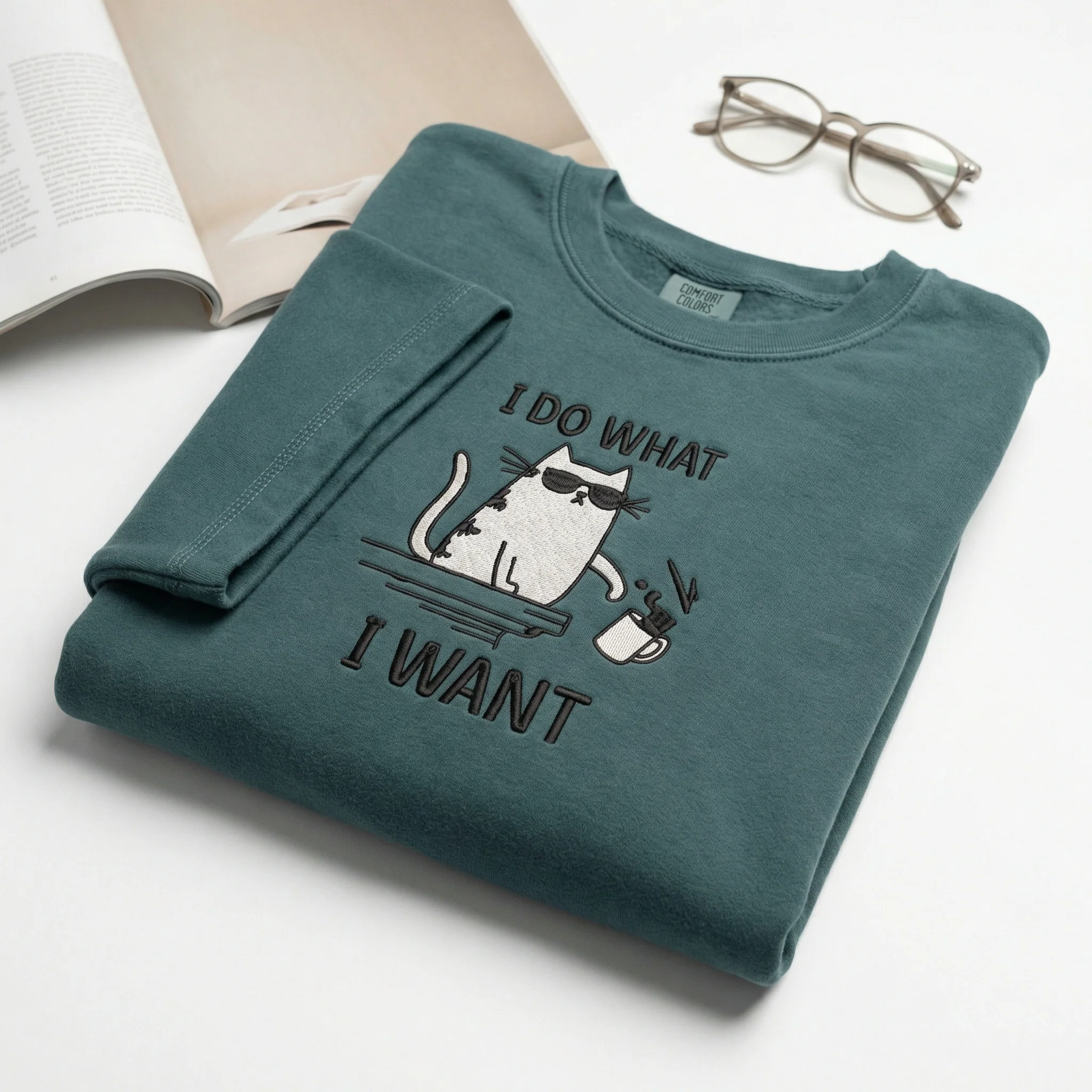 Custom Embroidered Funny Cat T-Shirt - Cool Kitty with Sunglasses & Coffee Mug - Image 5