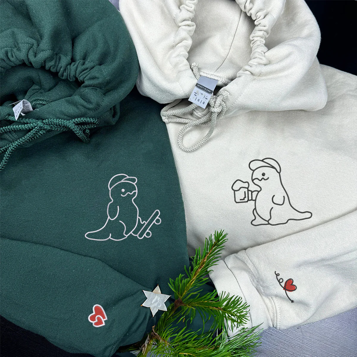 Custom Embroidered Funny Dinosaur Matching Hoodies for Couples - Image 4