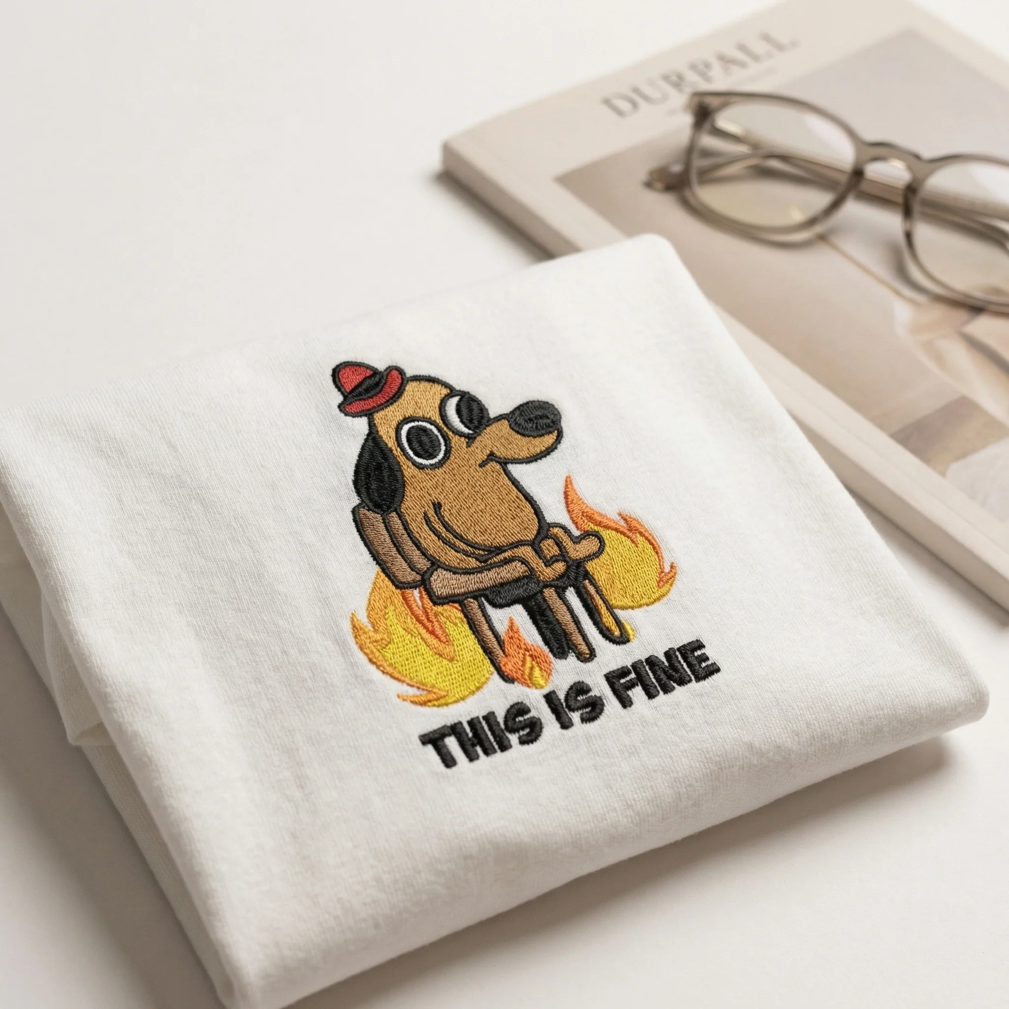 Custom Embroidered Funny Dog in Fire T-Shirt - Sarcastic Meme Gift - Image 2