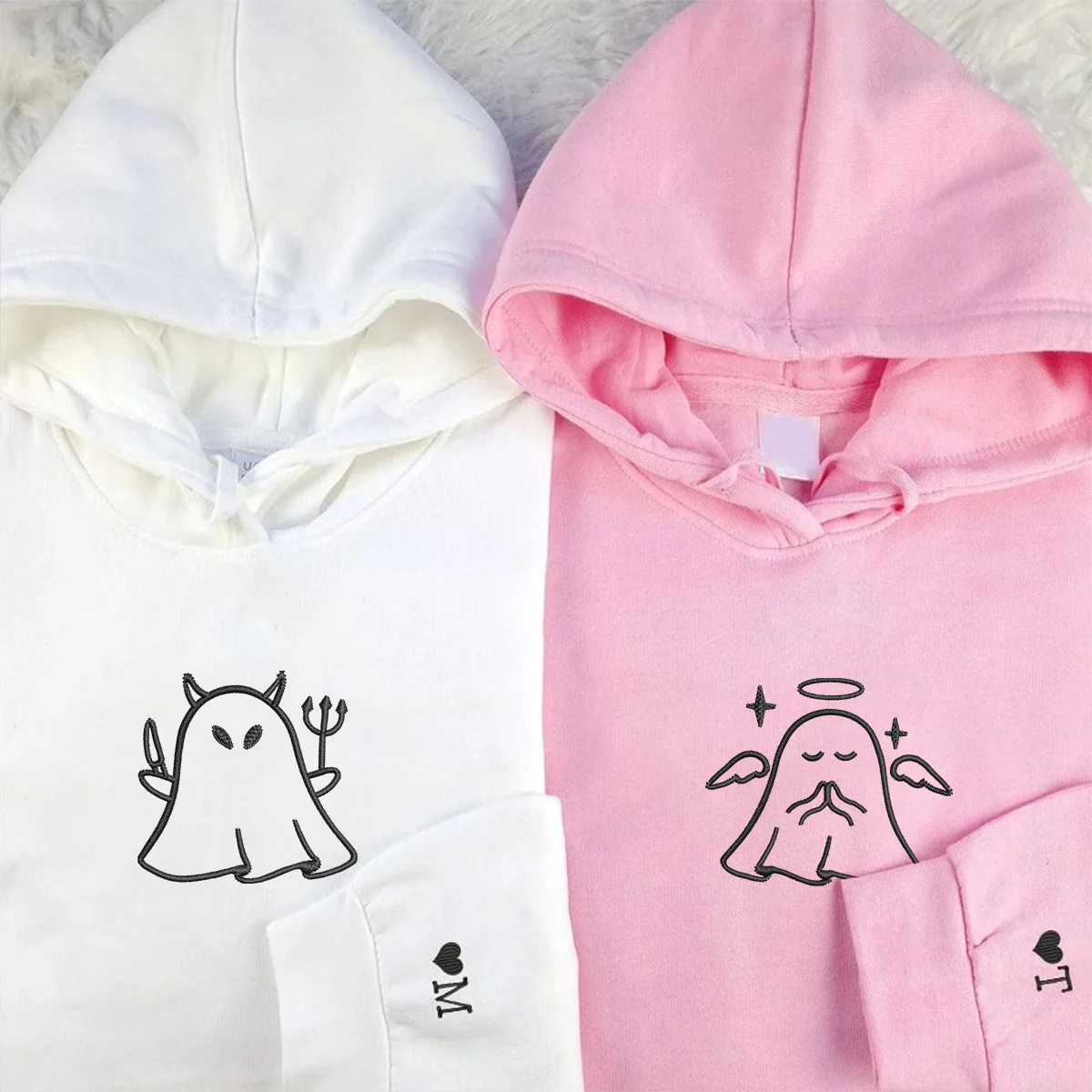 Custom Embroidered Ghost Angel and Devil Matching Hoodies for Couples - Image 3