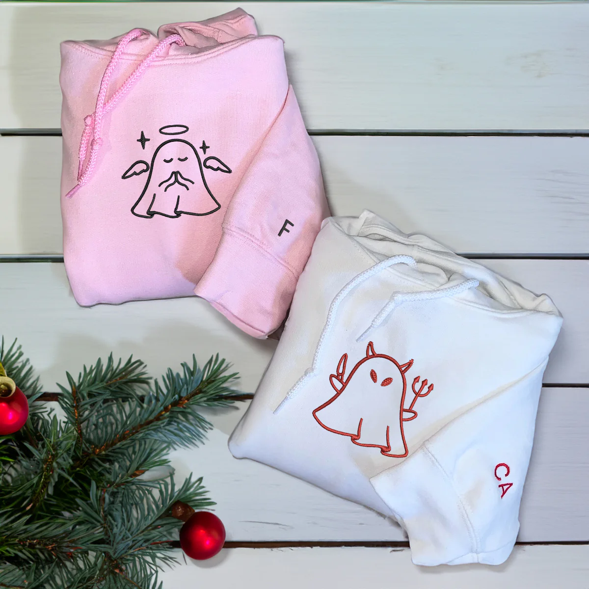 Custom Embroidered Ghost Angel and Devil Matching Hoodies for Couples - Image 4