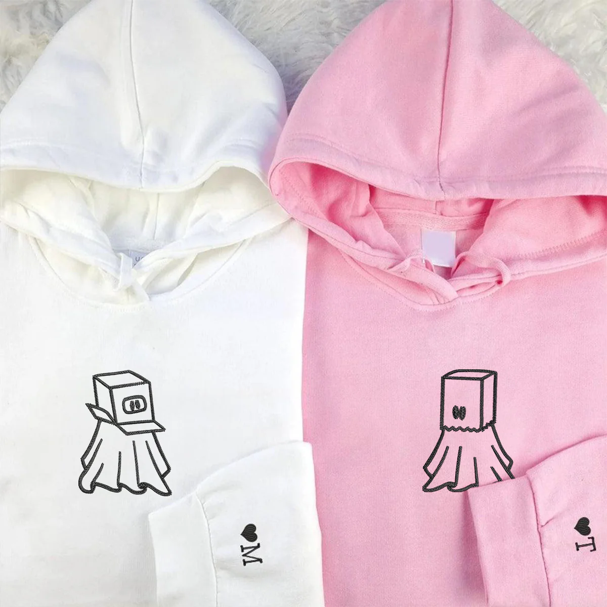Custom Embroidered Ghost Boxhead & Paperbag Matching Hoodies for Couples - Image 2
