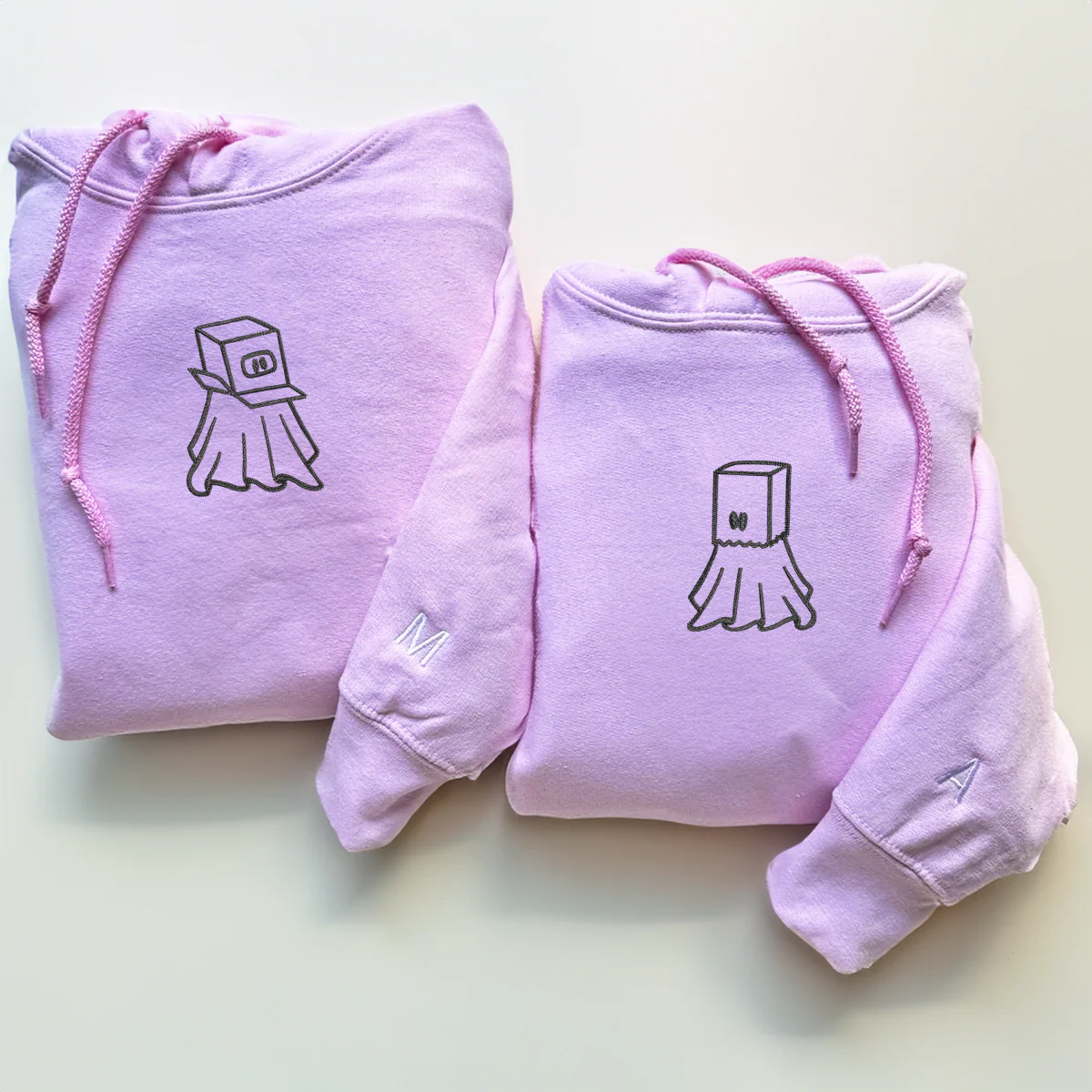 Custom Embroidered Ghost Boxhead & Paperbag Matching Hoodies for Couples - Image 4