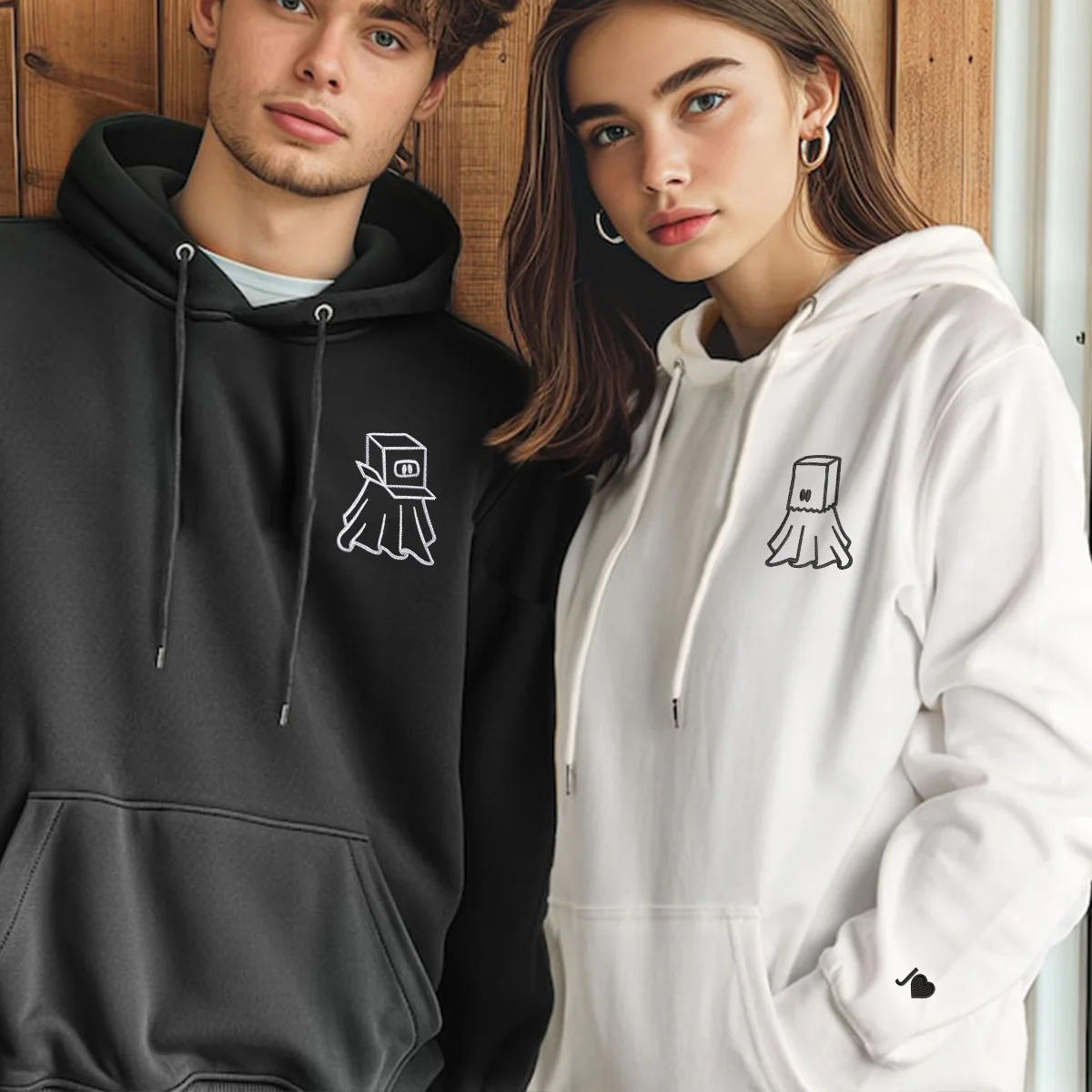 Custom Embroidered Ghost Boxhead & Paperbag Matching Hoodies for Couples - Image 5