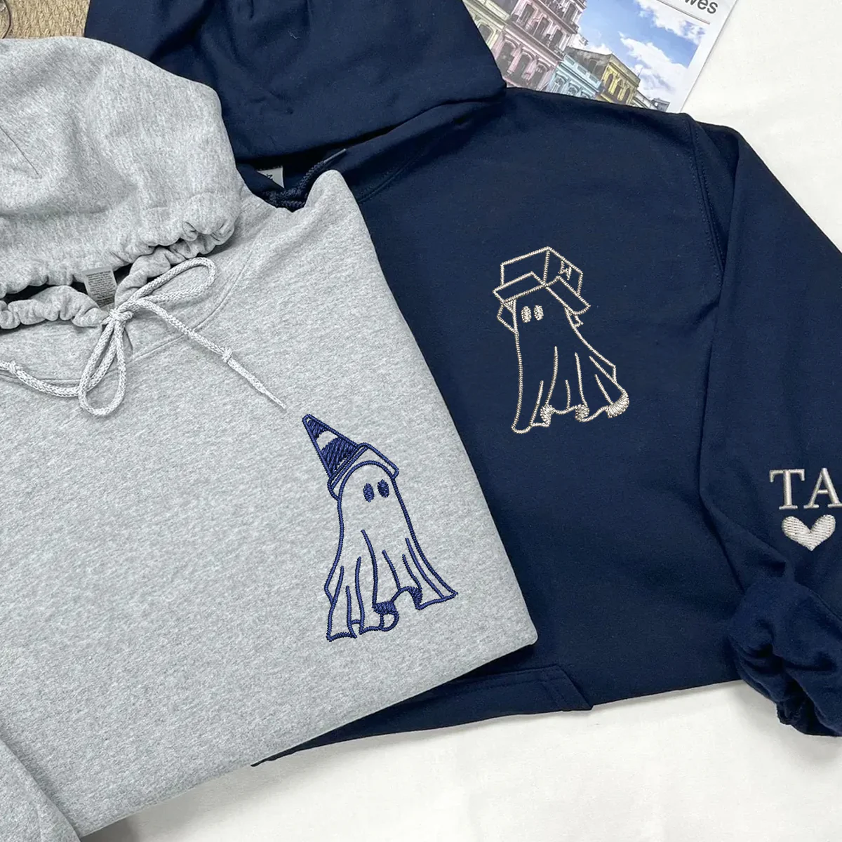 Custom Embroidered Ghost Boxhead & Traffic Cone Matching Hoodies for Couples - Image 2