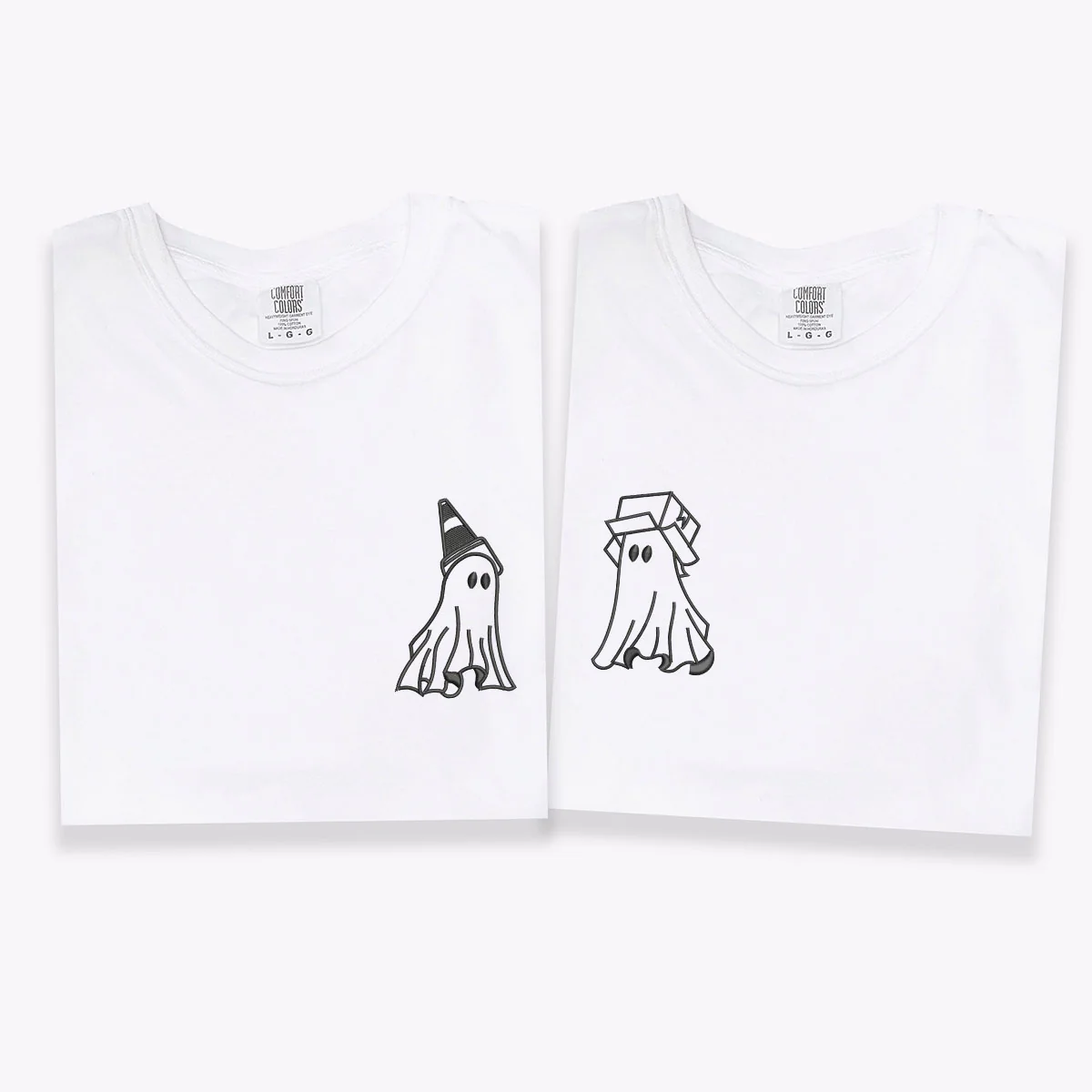 Custom Embroidered Ghost Boxhead & Traffic Cone Matching T-shirts for Couples - Image 2