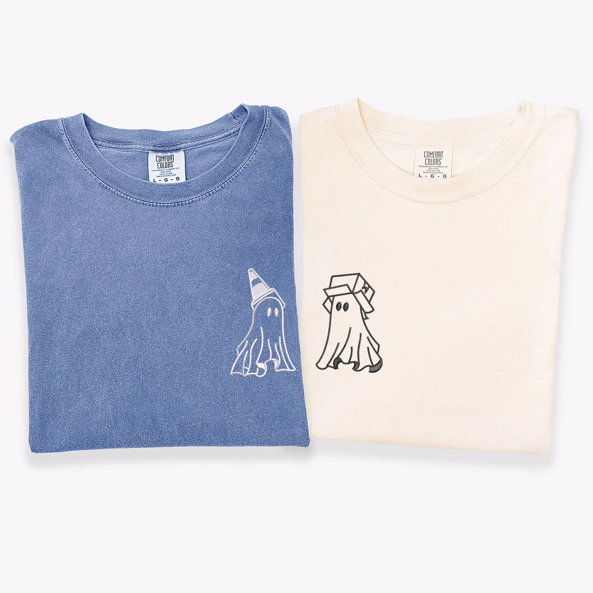 Custom Embroidered Ghost Boxhead & Traffic Cone Matching T-shirts for Couples - Image 3