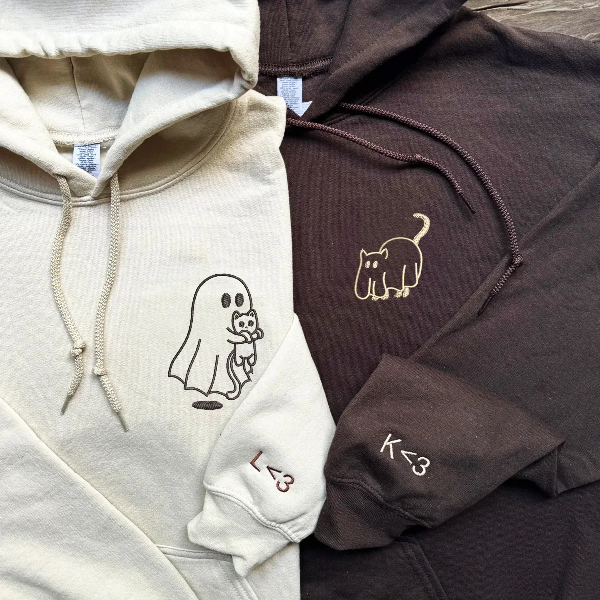 Custom Embroidered Ghost Cat Matching Hoodies for Couples - Image 2
