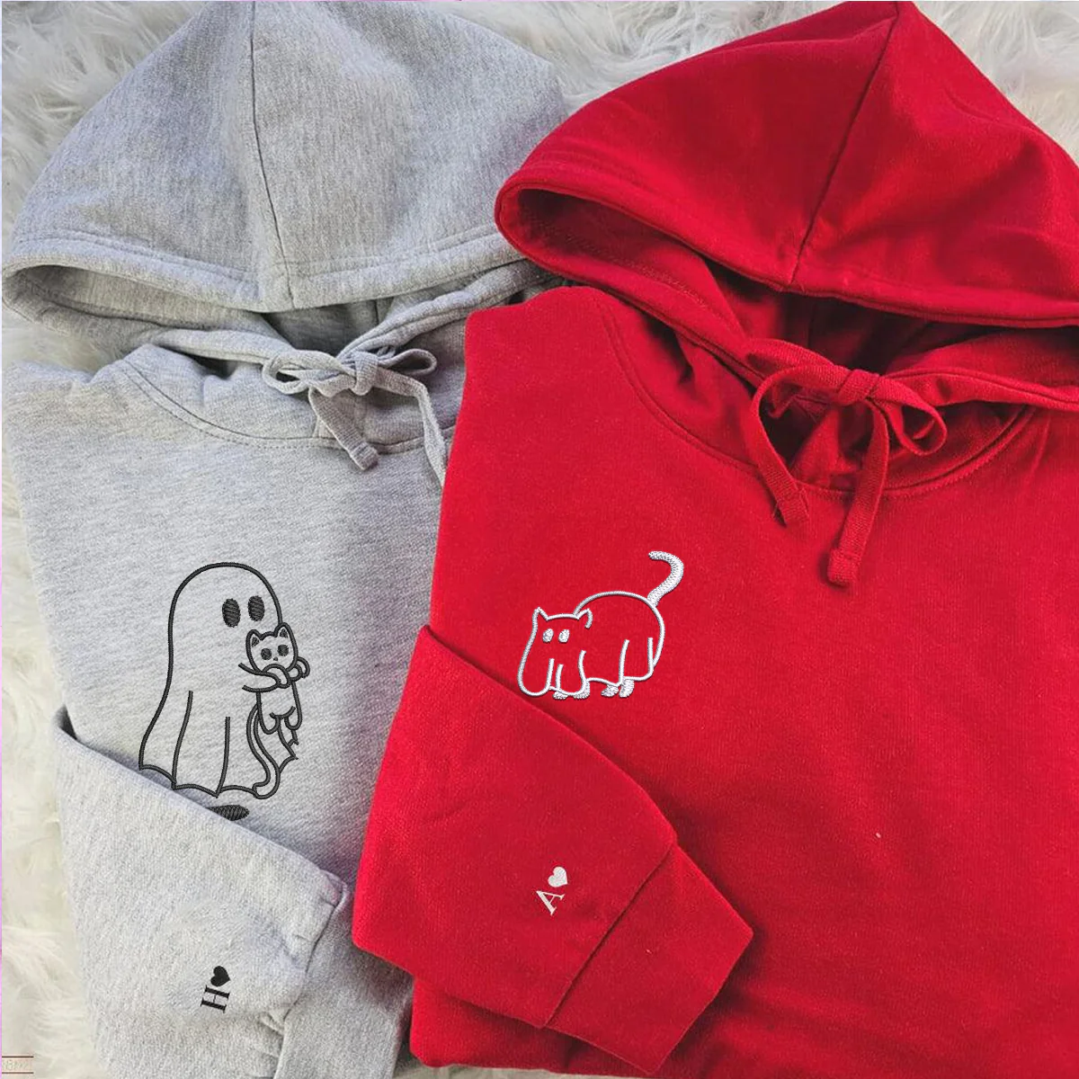 Custom Embroidered Ghost Cat Matching Hoodies for Couples - Image 3