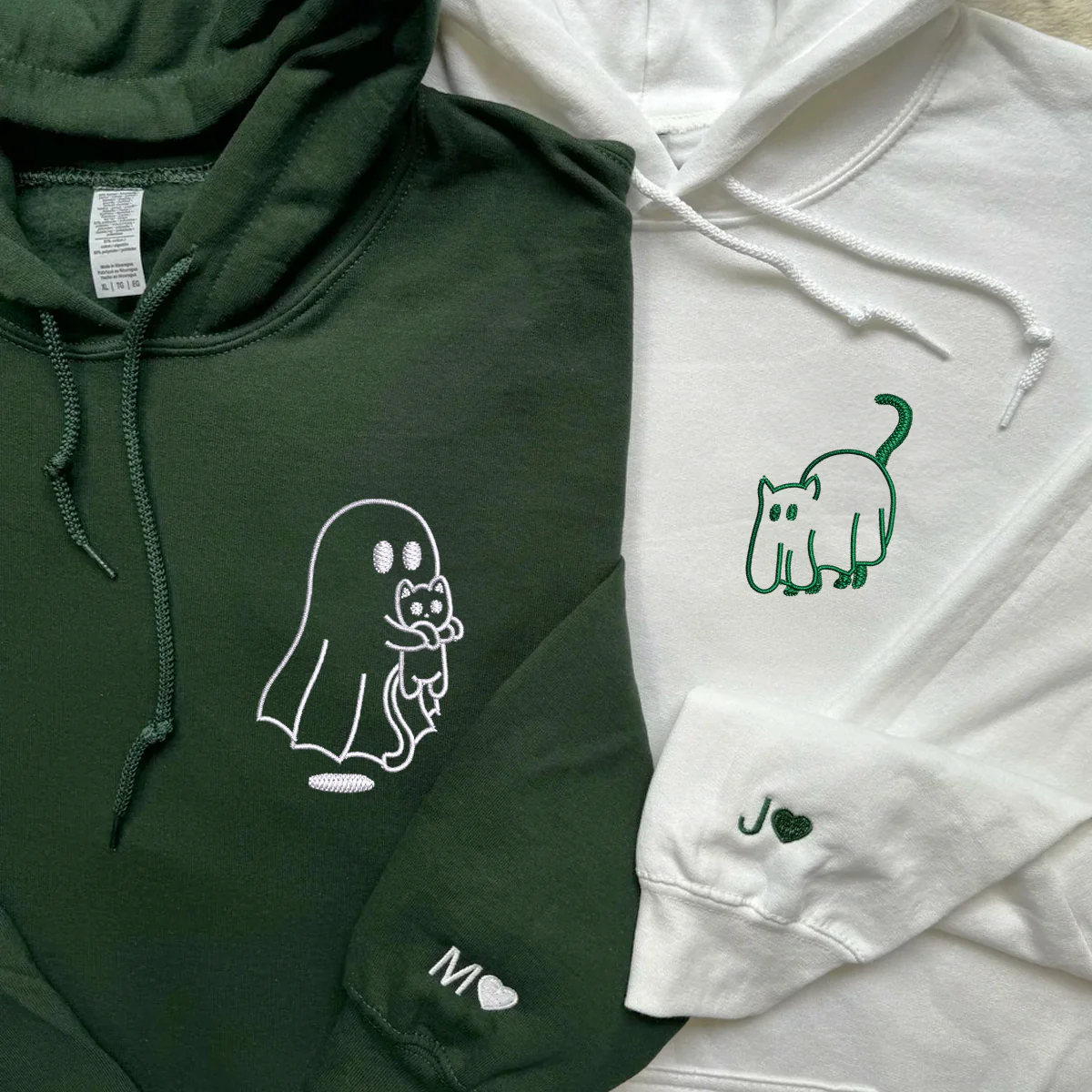 Custom Embroidered Ghost Cat Matching Hoodies for Couples - Image 4