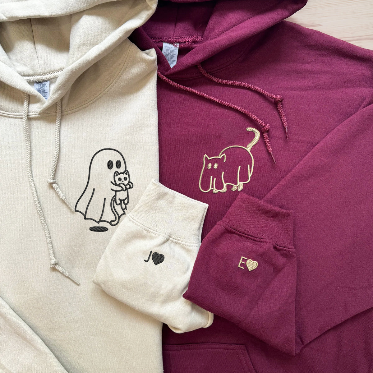 Custom Embroidered Ghost Cat Matching Hoodies for Couples - Image 5