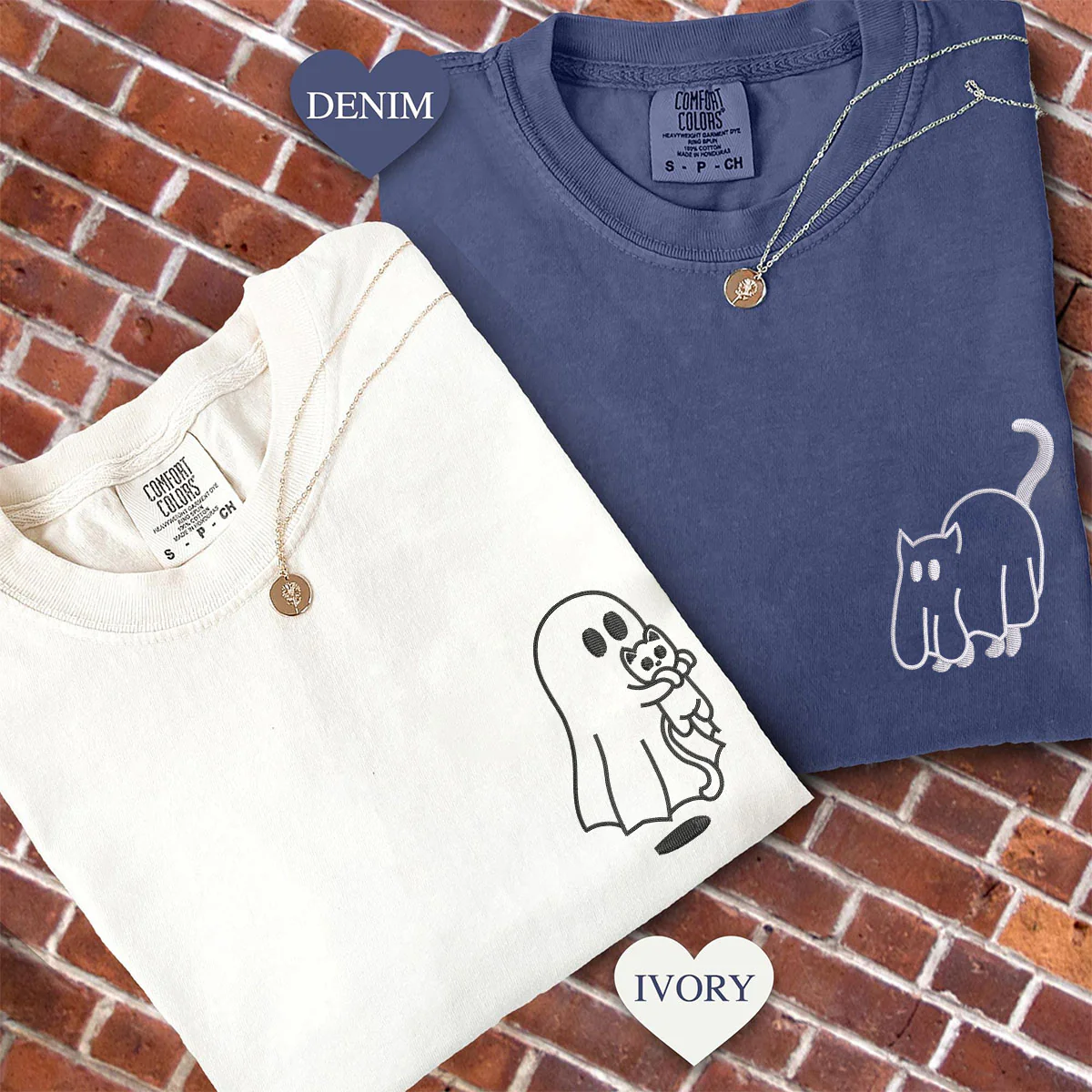 Custom Embroidered Ghost Cat Matching T-shirts for Couples - Image 2